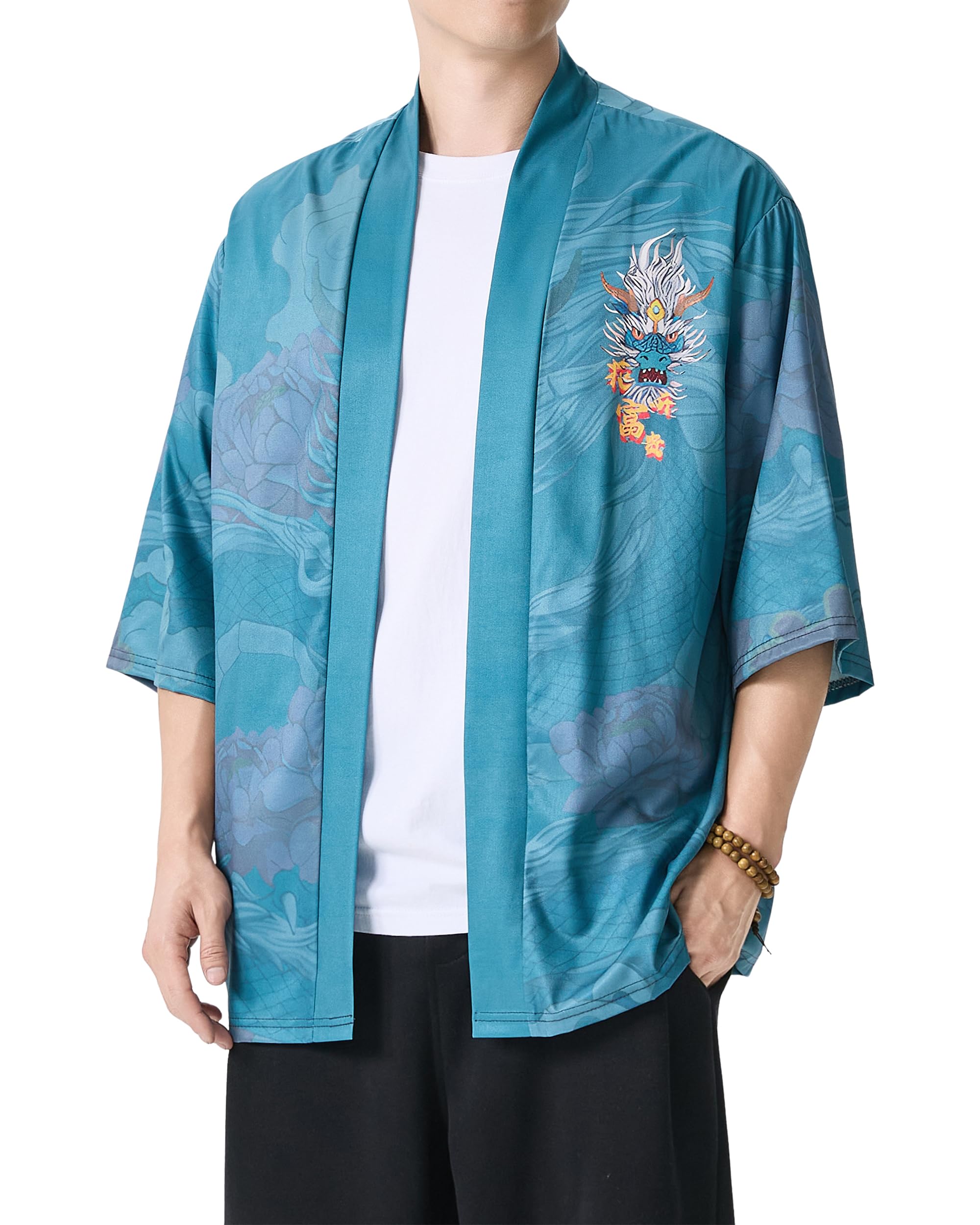 PRIJOUHE Men's Japanese Kimono Cardigan Jackets Casual Long Sleeve Open Front Coat Lightweight Yukata Outwear