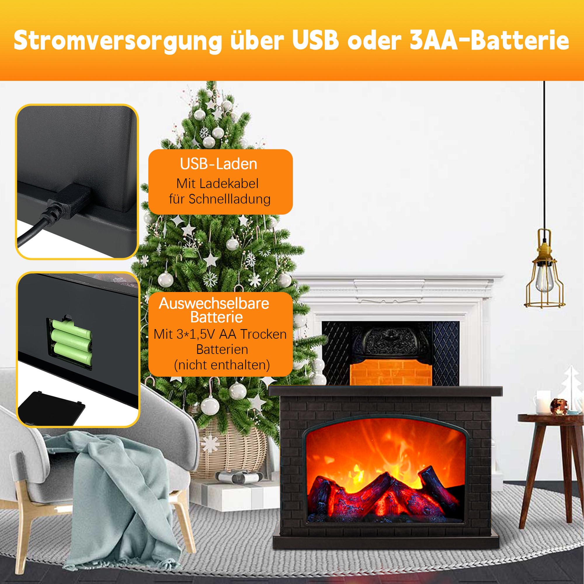 Cheminée LED, Cheminée avec commande tactile, Cheminées électriques avec effet flammes, Cheminée de table de simulation de feu de cheminée USB et alimentée par batterie, Ornement pour la maison