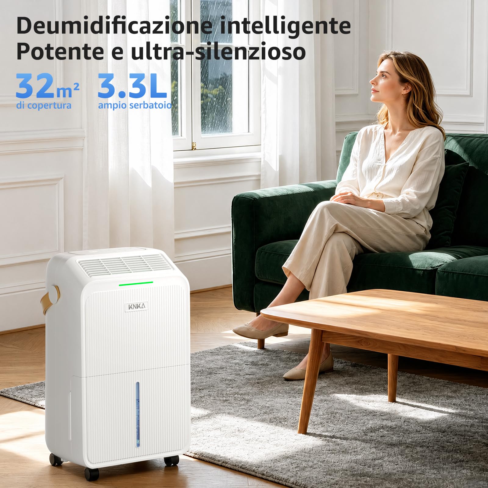 KNKA Deumidificatore, Deumidificatori Casa Muffa, 16L/24H, Serbatoio 3,3L, Basso Rumore, Basso Consumo, Sbrinamento Automatico, Blocco Bambini, Design Anti-Goccia, 4 Modalità, 80m³（32㎡）