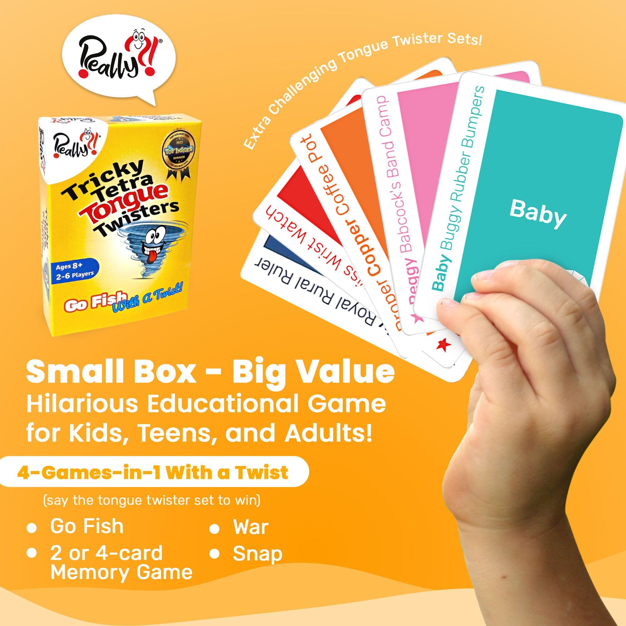 Really?! Tricky Tetra Tongue Twisters, juego de cartas para niños y adultos, juego de fiesta familiar, niños de 8 a 12 años, divertidos juegos de aprendizaje SLP, regalos para niños y niñas, juegos de