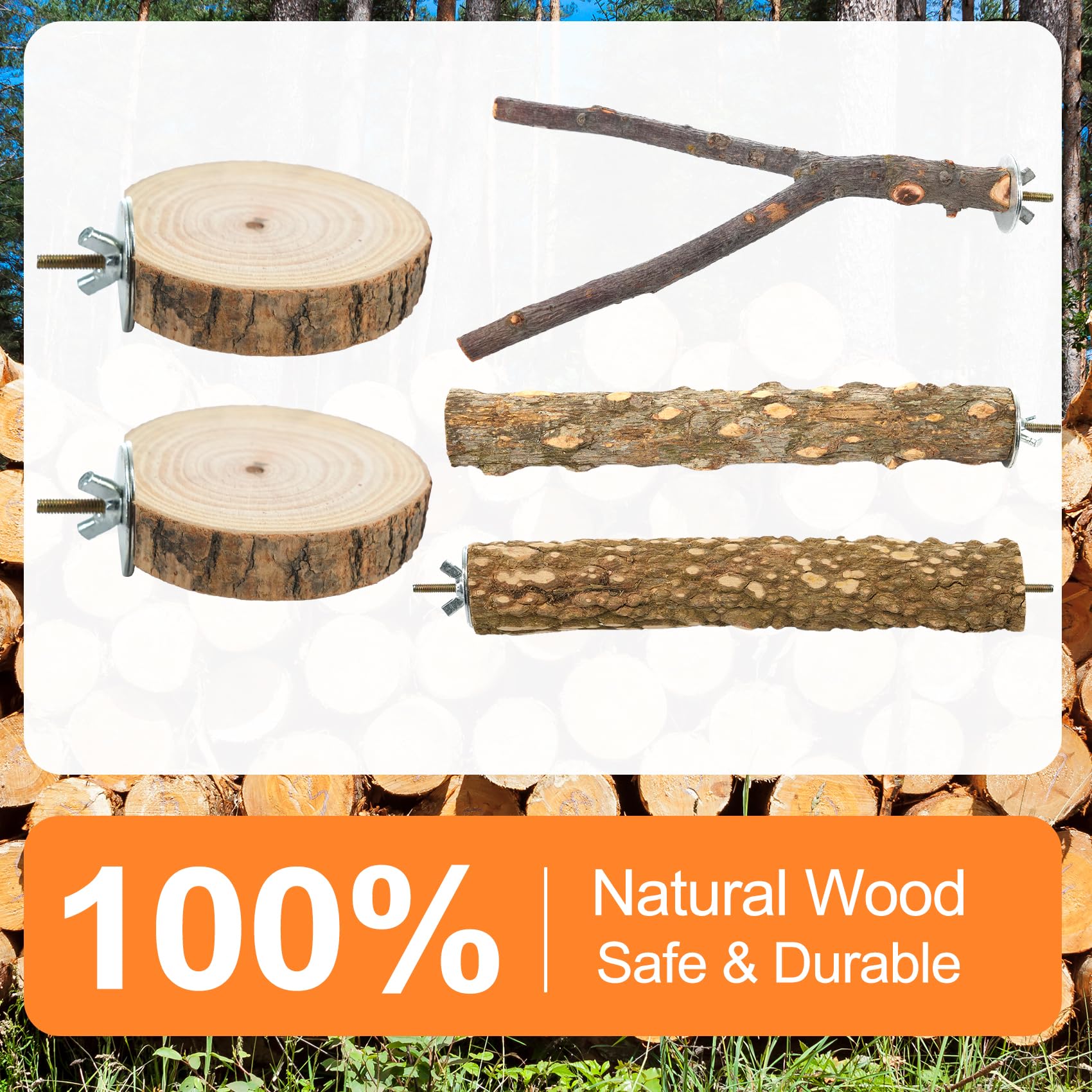 Vogel-Sitzstange, stehend, natürliches Holz, 7-teilig, Pfotenmahlgabel, Papageienkäfig-Ast mit Seil, Käfigzubehör, Spielzeug für Sittiche, Nymphensittiche, Sittiche, Wellensittiche