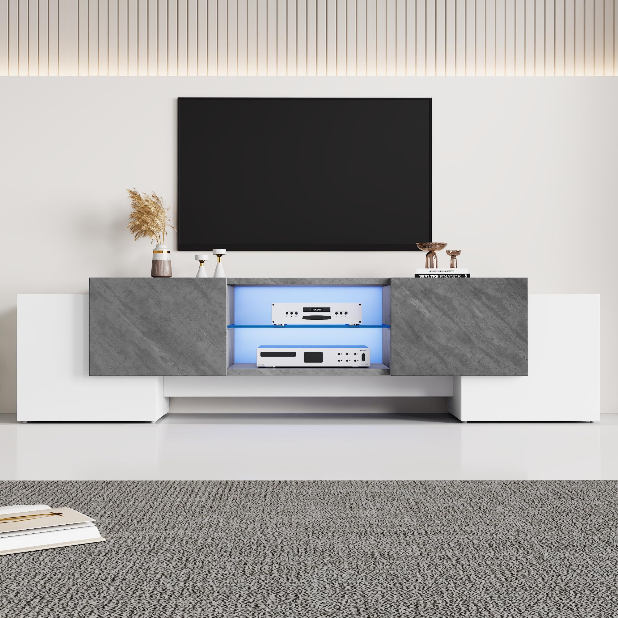 BTM TV Stand Cabient, 4 Doors, 2 open storage areas, TV Cabinet Storage Sideboard with LED lights, for livingroom bedroom, 180 * 40 * 46.5cm, White and Grey, MDF, maximum for 80 inch TV โ image 1