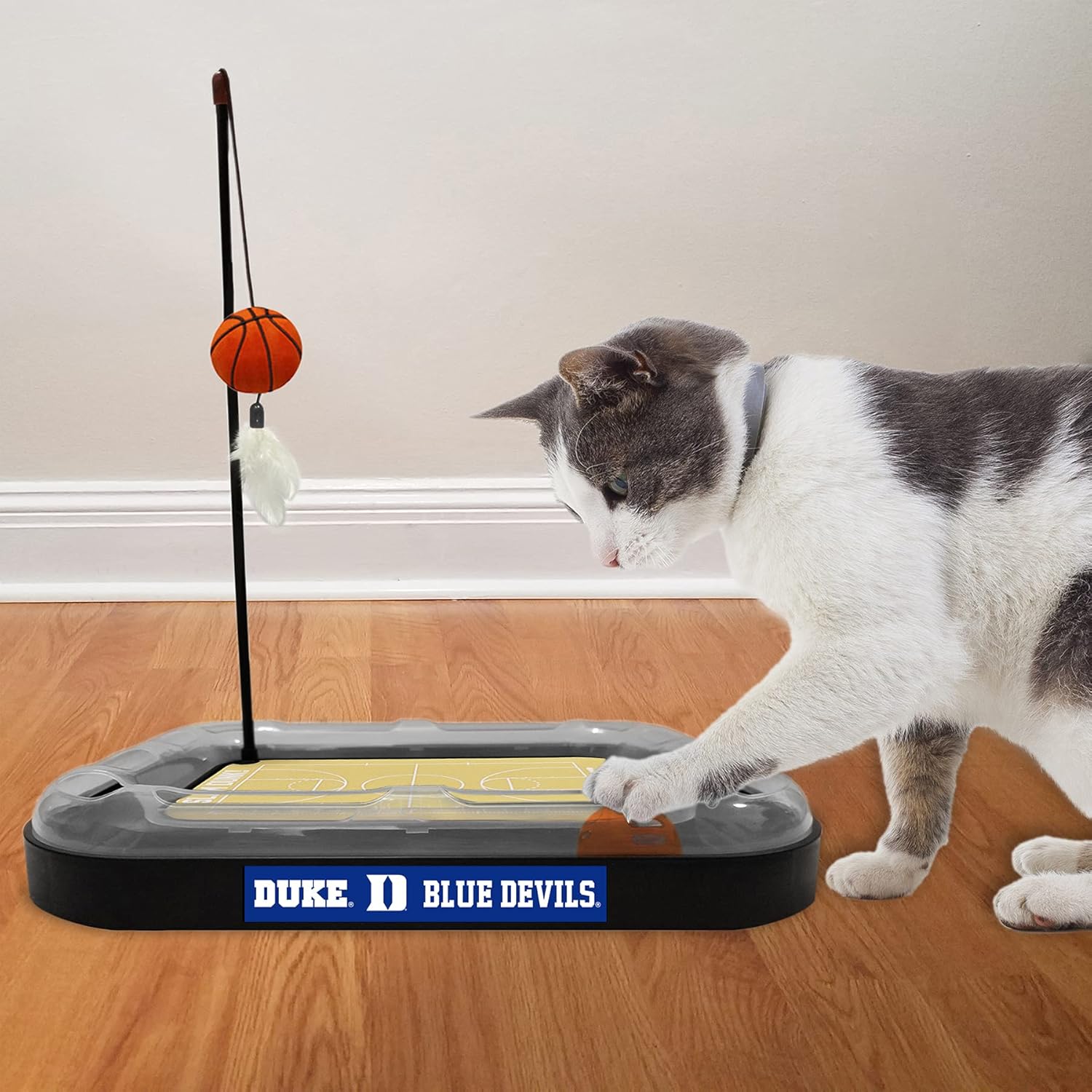 CATS SCRATCHER NCAA Duke University Basketball Court CAT Scratcher Toy with Catnip Filled Plush Basketball Toy & Feather Cat Toy Hanging, with Jingle Bell Interactive Ball Cat Chasing 5-in-1 Kitty Toy