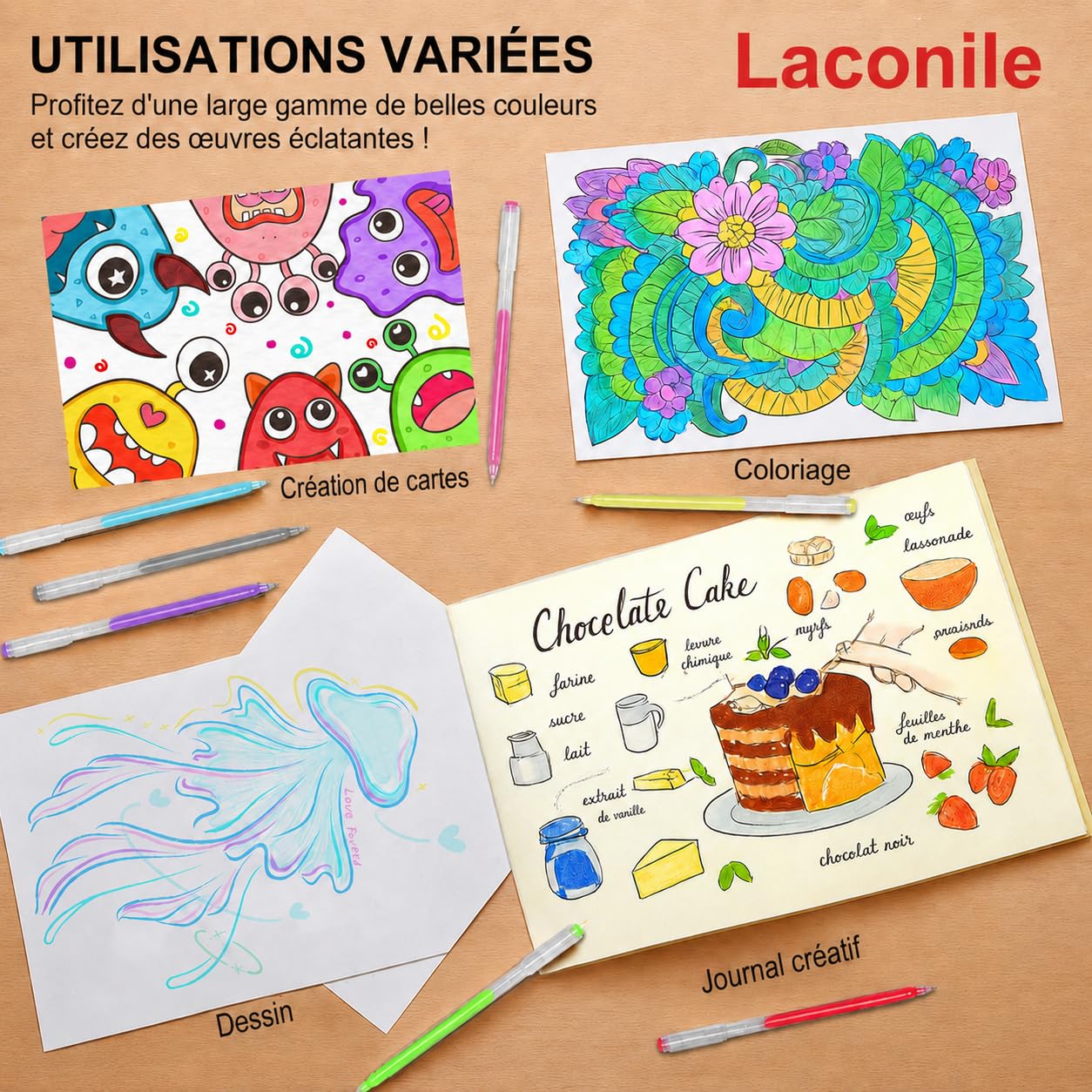 Laconile Lot de 168 Stylos Gel Couleurs – Stylos Paillette, Pastel, Métallique et Néon – Stylo Gel Adulte pour Dessin, Coloriage, Griffonnage Artisanat Scrapbooking(0.65 MM)