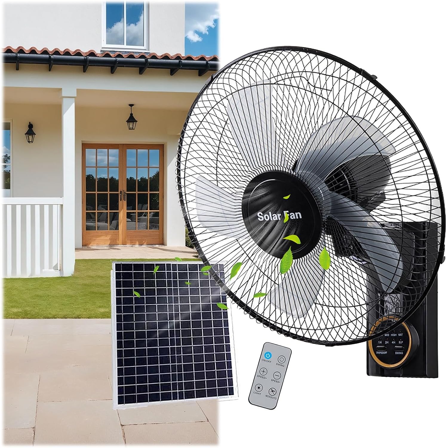 Solar Wall Mounted Fan, Oscillating Household Fan with Remote Control, 5 Blades 3 Speeds, Timer, Adjustable Tilt, 90° Oscillating Quiet Fans, High Velocity/Black/Heavy Duty/ 16"