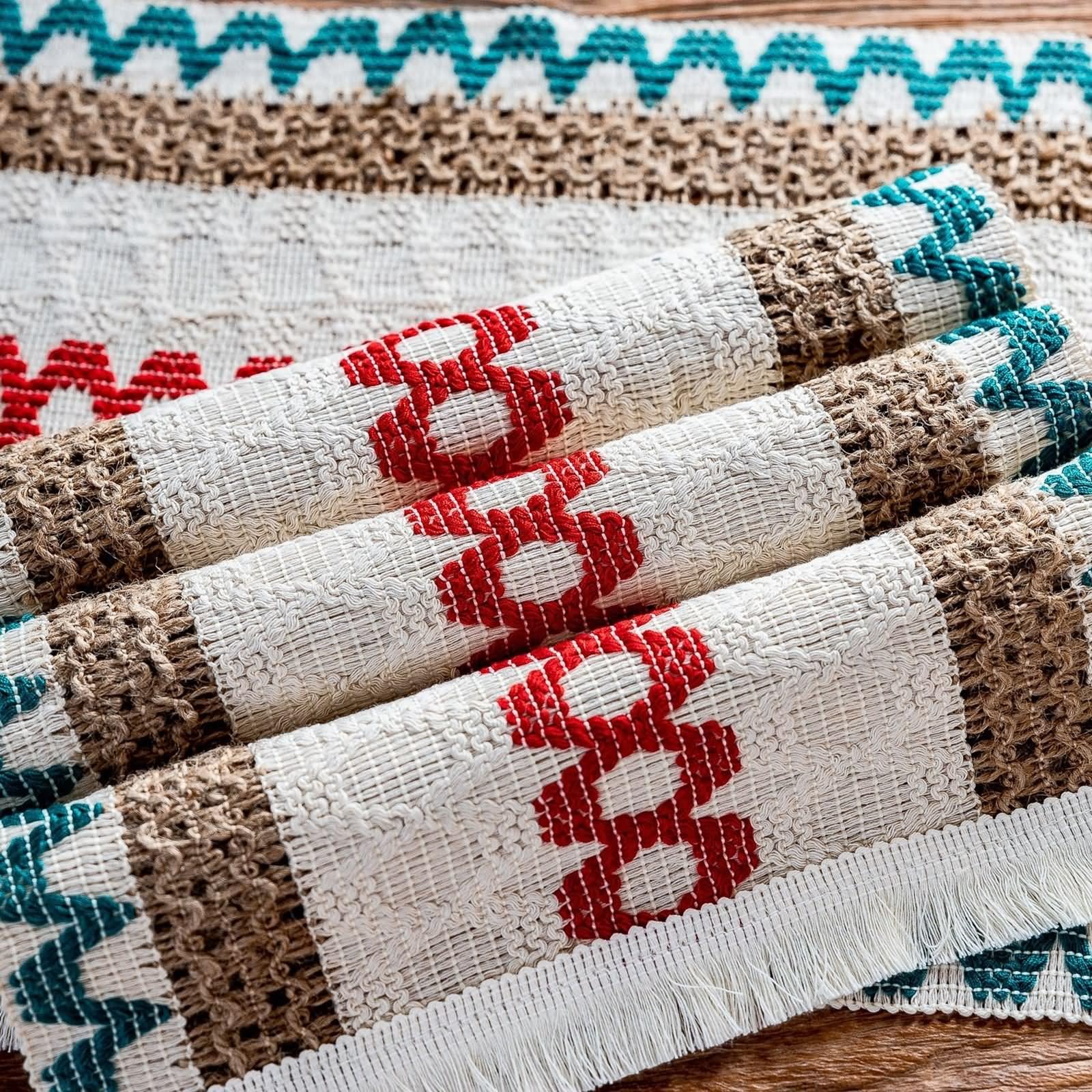 Tischset Vintage 4er Set, Platzsets Landhausstil 30x50cm Geometrisches Streifenmuster mit Quasten Baumwolle Leinen Blau Rot