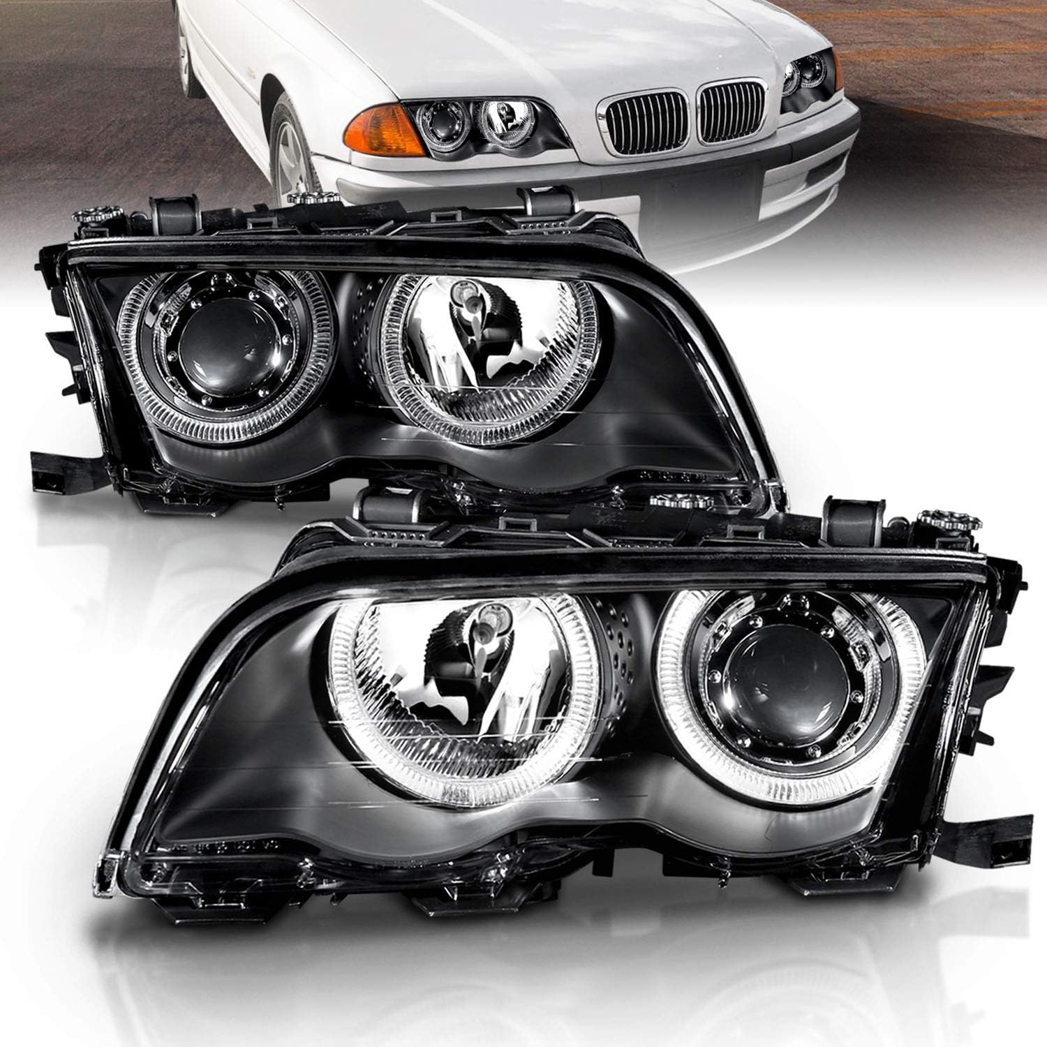AmeriLite Projector Headlights Halo Black for BMW 3 Series E46 4 Door - Passenger and Driver Side
