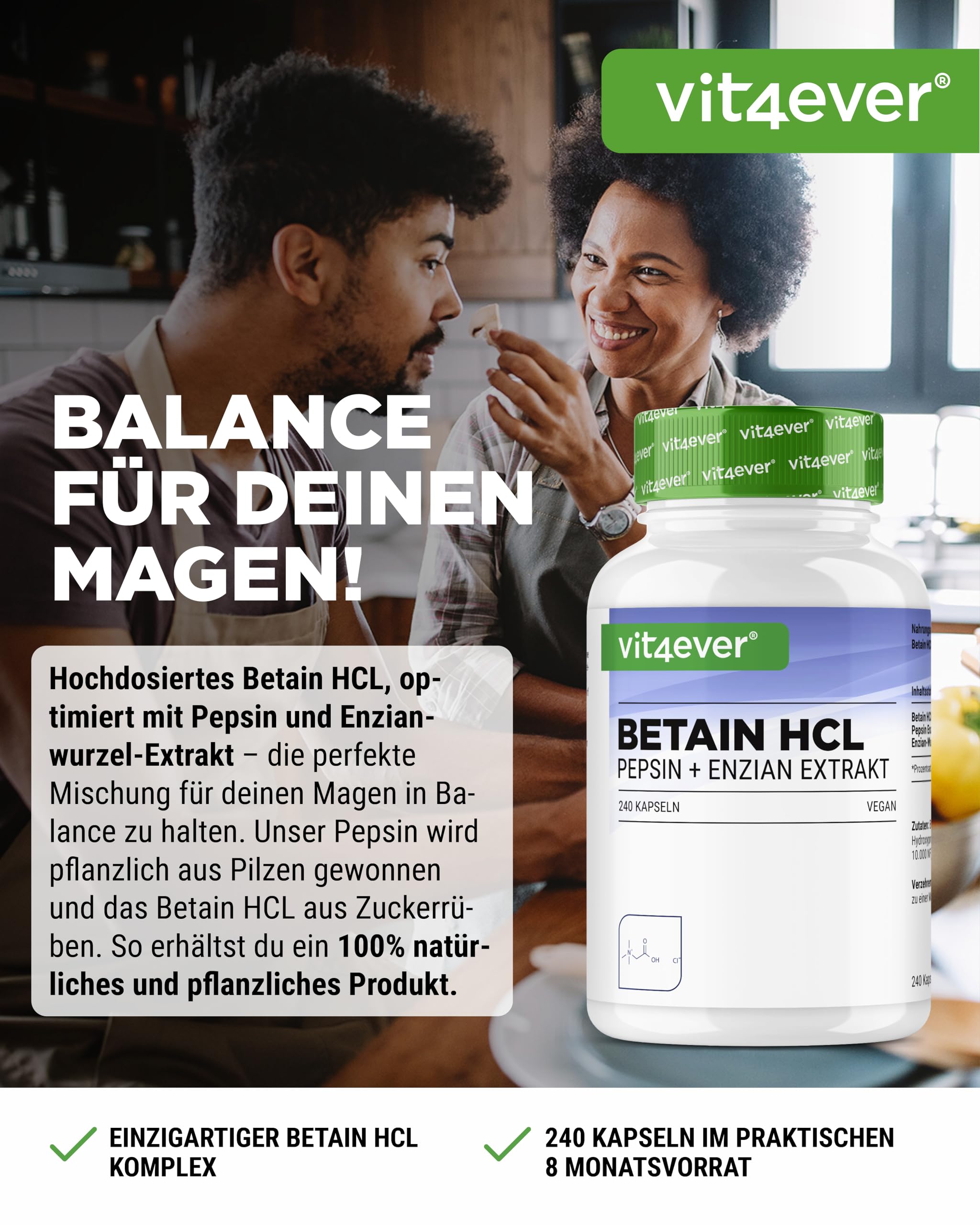 Betain HCL - 240 Kapseln mit 650 mg Betain HCL - Premium: Mit Pepsin & Bitterstoffe aus Enzian - Vollspektrum Enzym Kapseln - Hochdosiert - Laborgeprüft