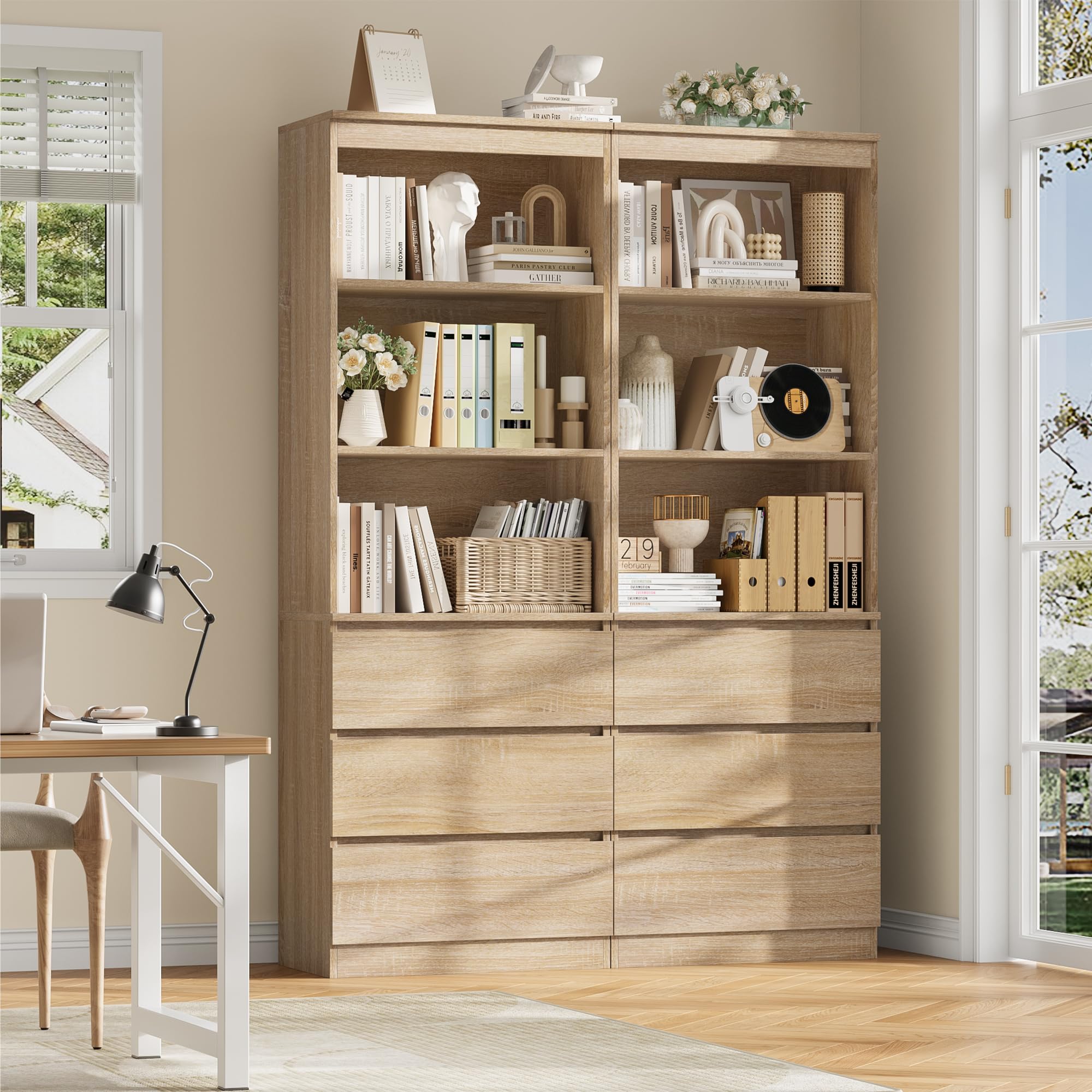 FirFurd 180cm Estantería de 3 Estantes con 3 Cajones, Librería Estantería | Mueble Organizar Documentos, Archivadores, Carpetas, Libros, para Oficina, Salón, Roble, 60x35x180cm
