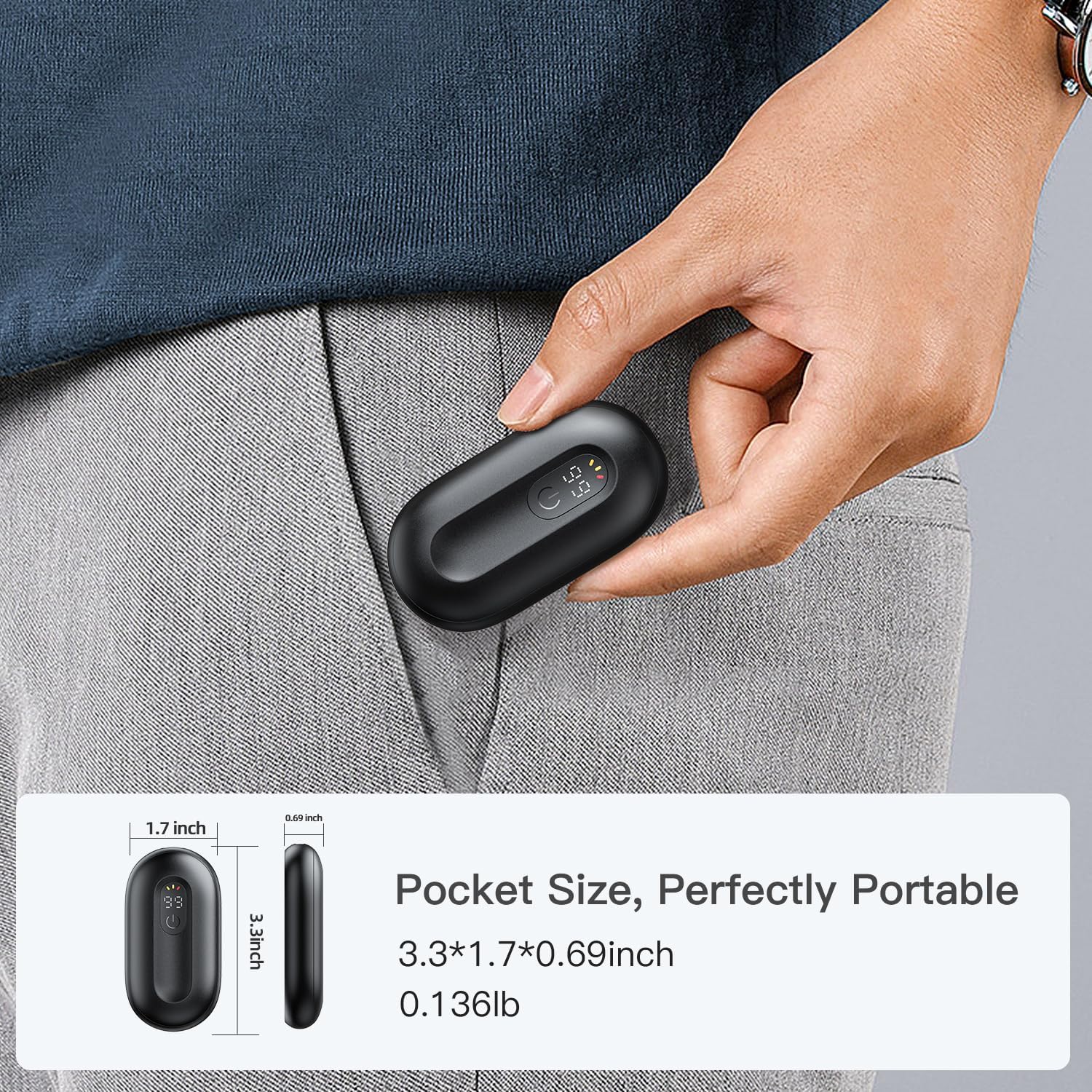 A coldSky hand warmer being held in a hand and placed into a pocket, with dimensions overlaid, emphasizing its compact and portable size.