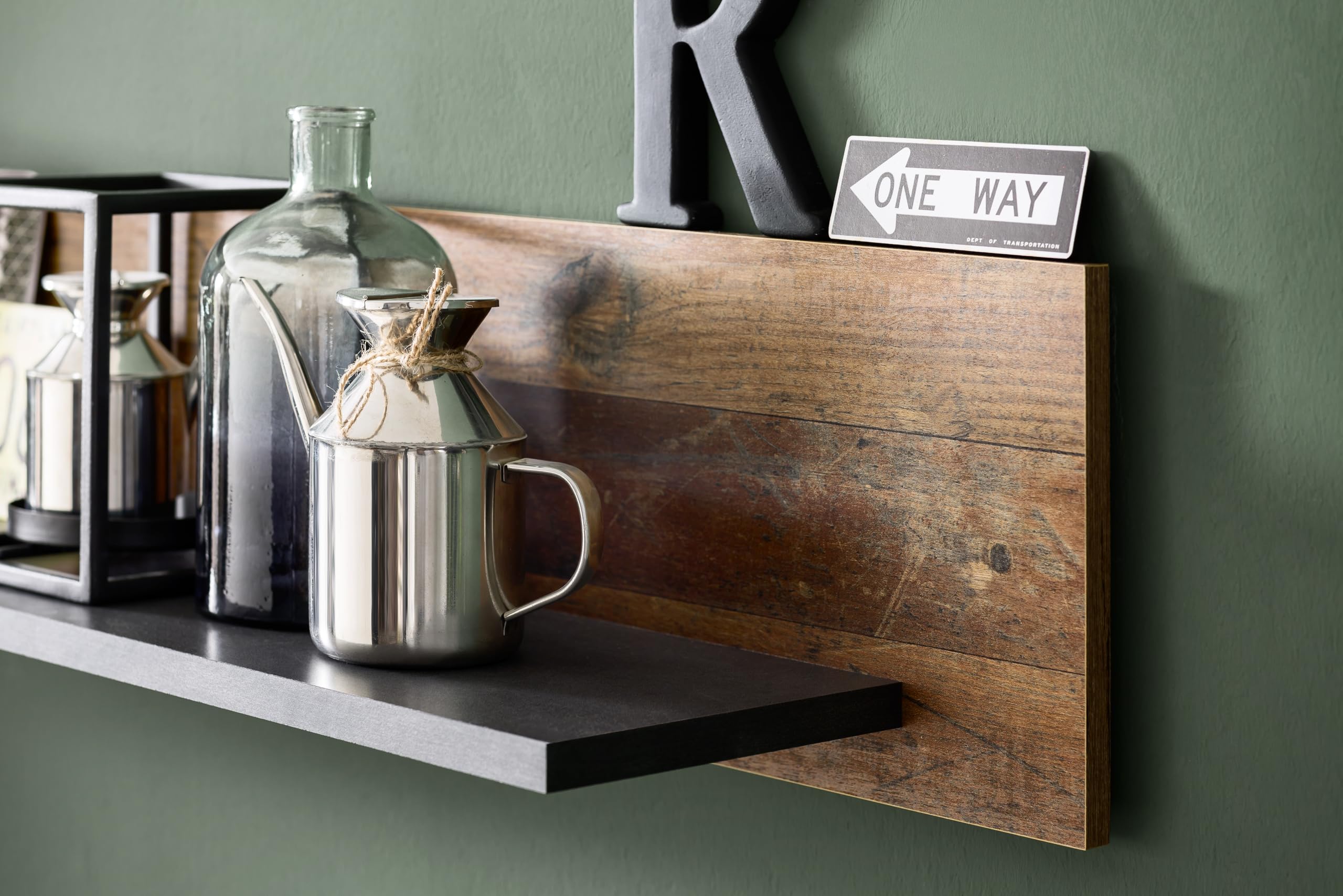 trendteam smart living - Indy - Wohnwand - Eiche/Grau - Anbauwand mit Stauraumvitrine, Stauraumelement, TV-Unterschrank und Wandboard - (BxHxT) 343 x 189 x 40 cm - antikfarbene Griffe