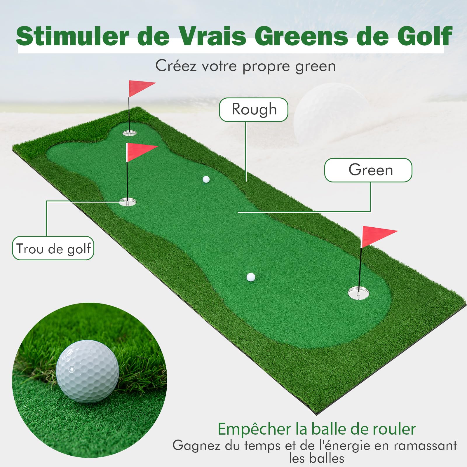 COSTWAY Tapis de Frappe de Golf 300 x 100 cm, Tapis d'Entraînement de Golf avec Pelouse Artificielle 3 Trous 3 Drapeaux Gobelets, Green de Putting de Golf pour Intérieur & Extérieur