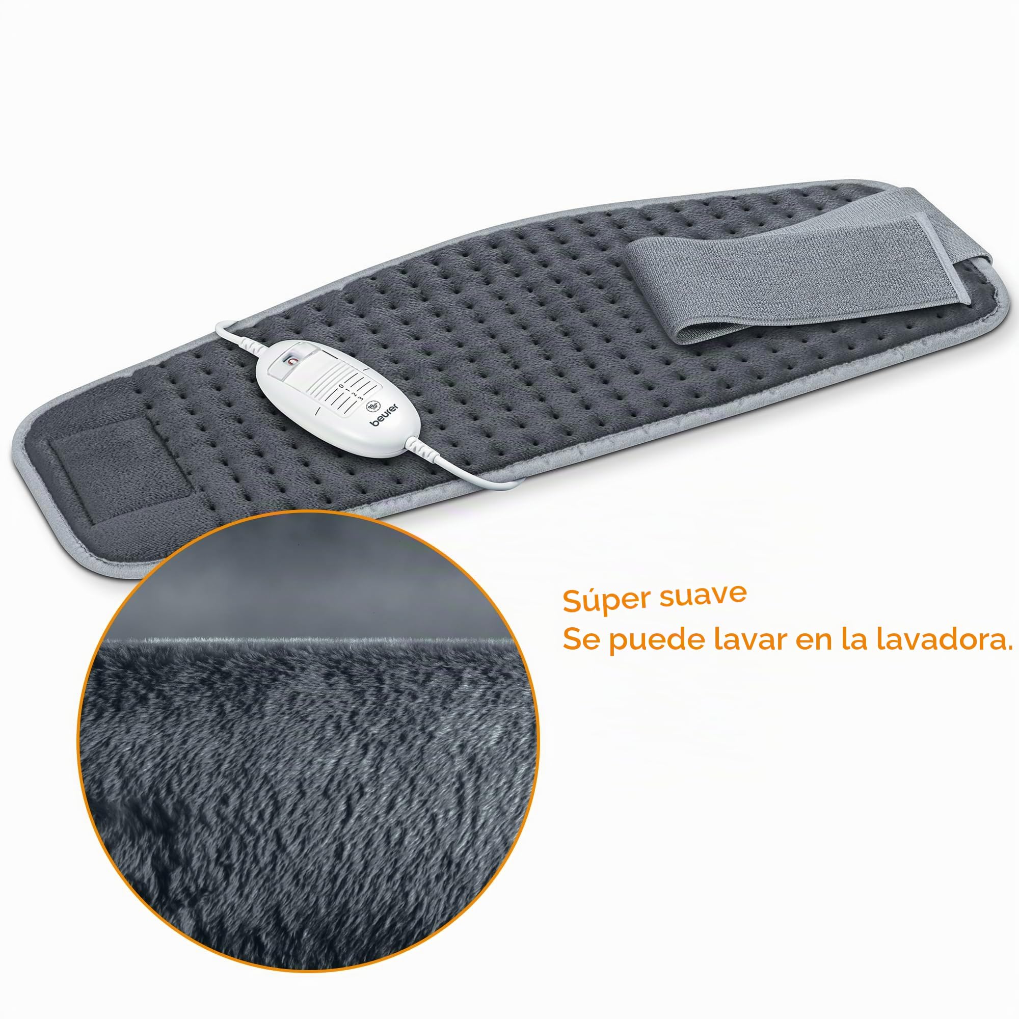 Beurer HK 49 Cosy Almohadilla eléctrica, para uso en abdomen y espalda, con banda elástica y cierre de velcro, desconexión automática, lavable a máquina, gris