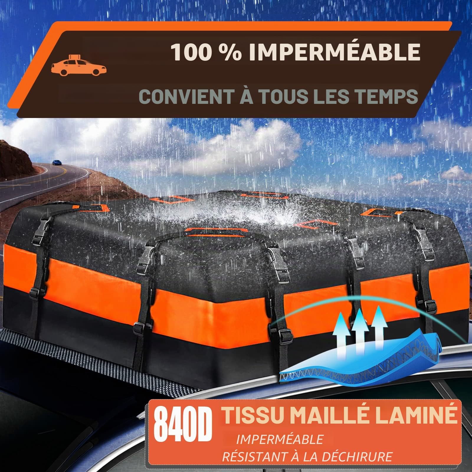 Coffre De Toit De Voiture De Pliable 585L Et Étanche, Sac De Toit Coffre De Toit Portable Coffre À Bagages 840D, pour Véhicules avec/sans Porte-Bagages Transport De Bagages…