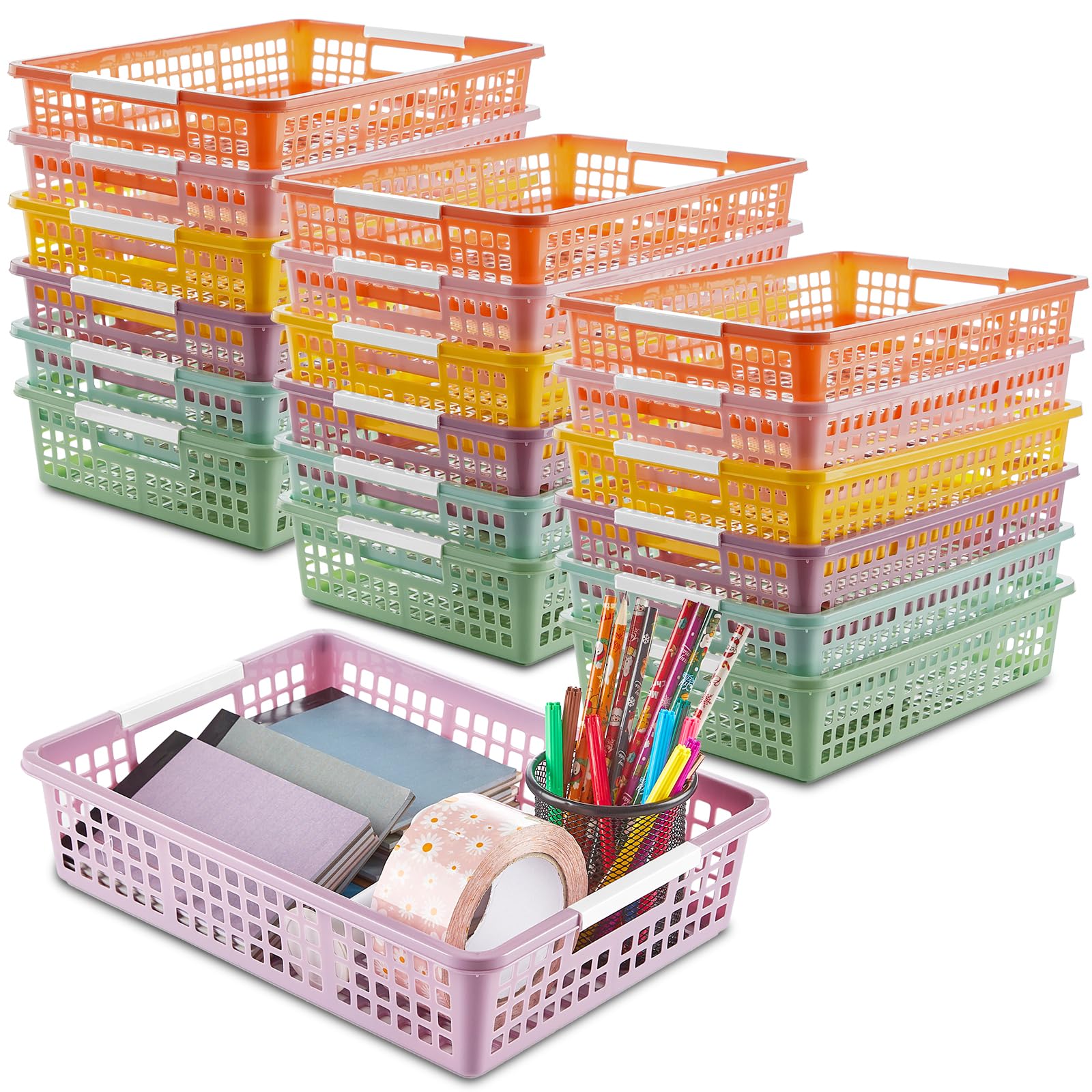 gisgfim Paquete de 18 bandejas de papel de plástico para el aula, cesta de almacenamiento en colores pastel, organizadores para la