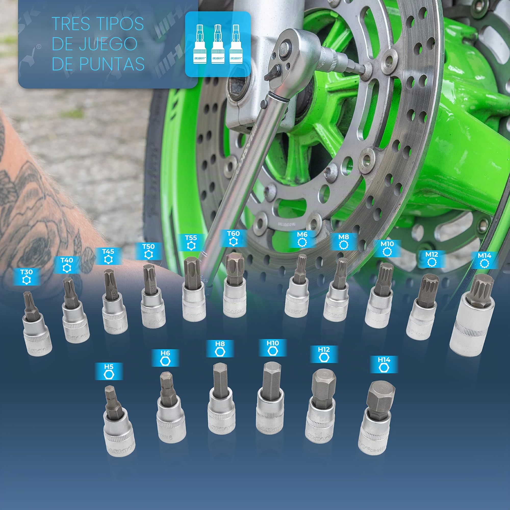 HASKYY Juego de llaves dinamométricas 3/8" 5-60Nm Motocicleta Chopper moto personalizada con muchos accesorios como barra de extensión, puntas, llaves de tuerca, adaptador