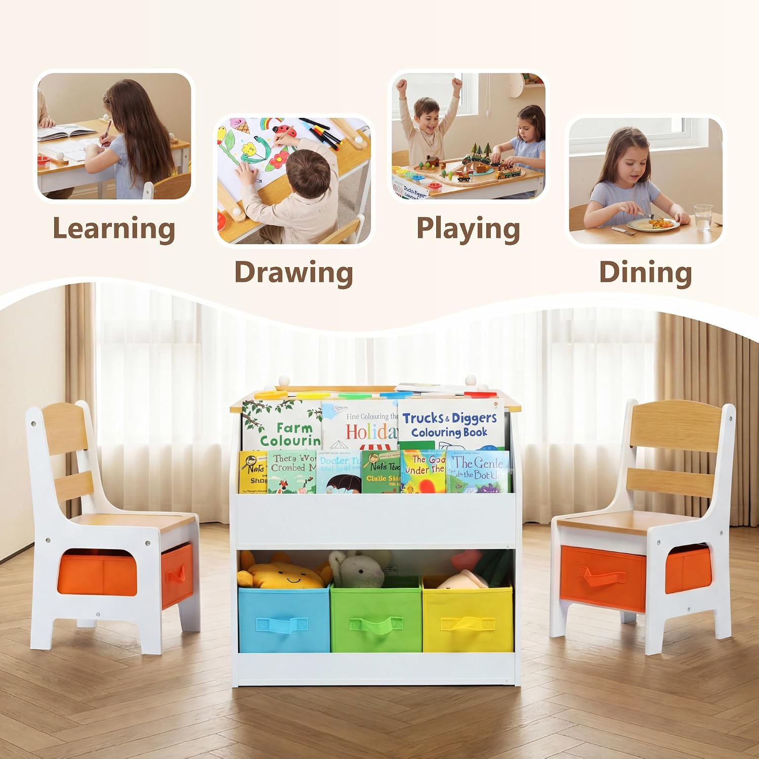 Kinder King Kids Art Table & 2 Chair Set, Wood Toddler Activity Table w/Paper Roll, Bookshelf & Storage Drawers for Kid Drawing, Studying, Playing, Kids Table and Chairs for Playroom, Nursery, Natural