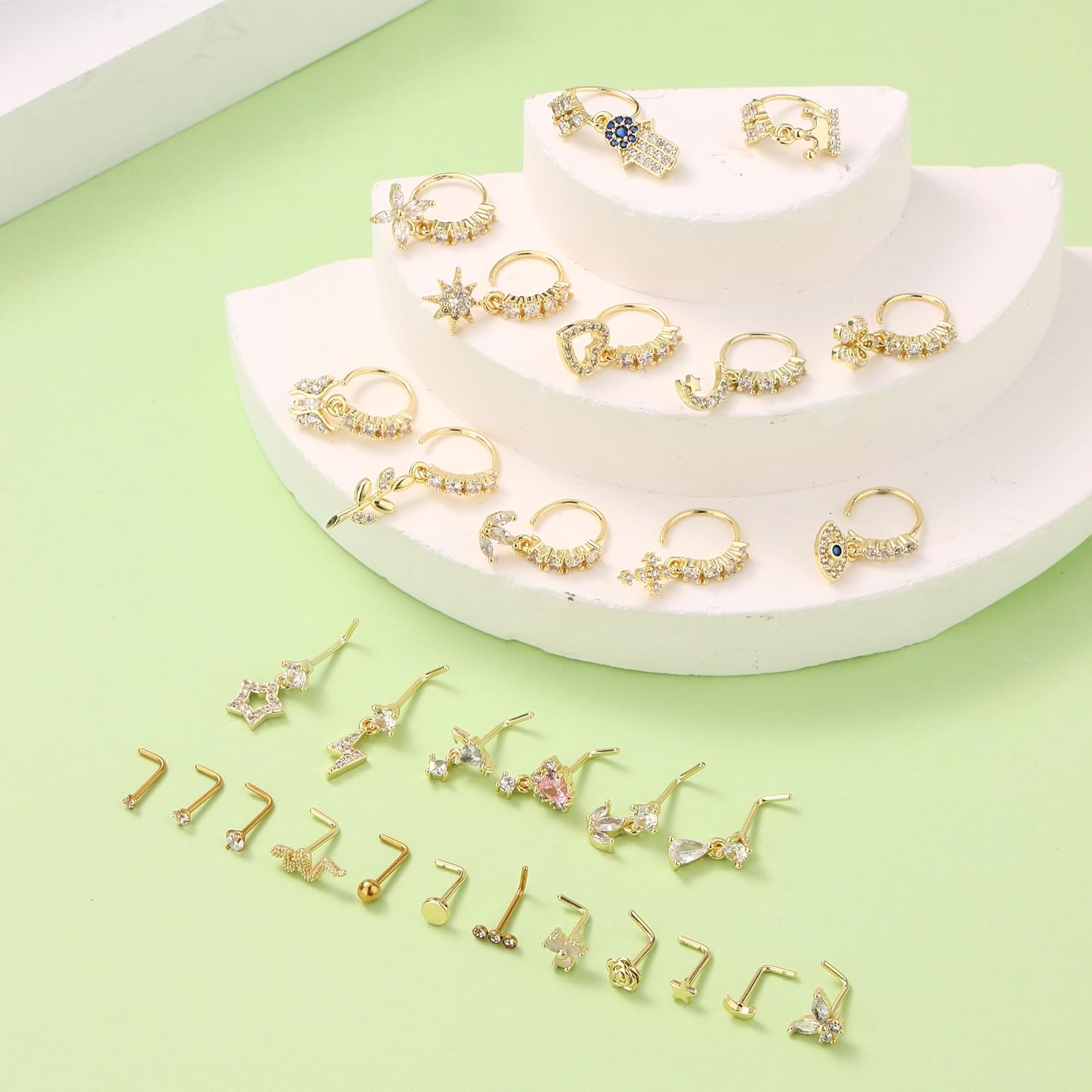 WAINIS 30Pcs 20G Dangle Nose Ring for Women L Shaped Dangling Nose Stud Surgical Steel Nose Ring Studs Dainty Flower Heart Moon Star Dangle Rings Hoops Nose Piercing - Image 7