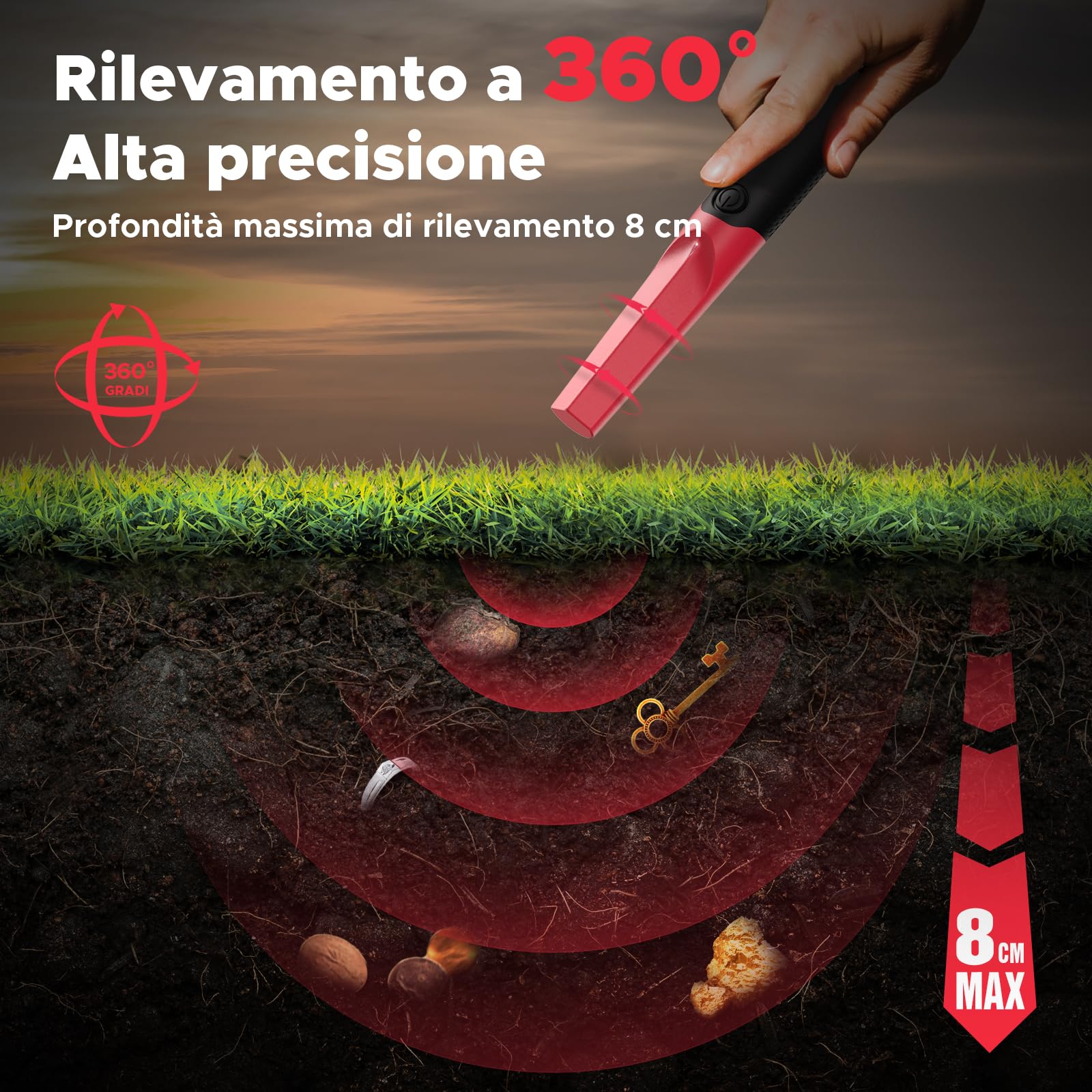 Hazlewolke Pinpointer Metal Detector Portatile, IP68 Rilevatore di Metalli Impermeabile, Profondità 4,5", Rilevamento a 360°, Accessori Pin Pointer per Adulti e Bambini - rosso