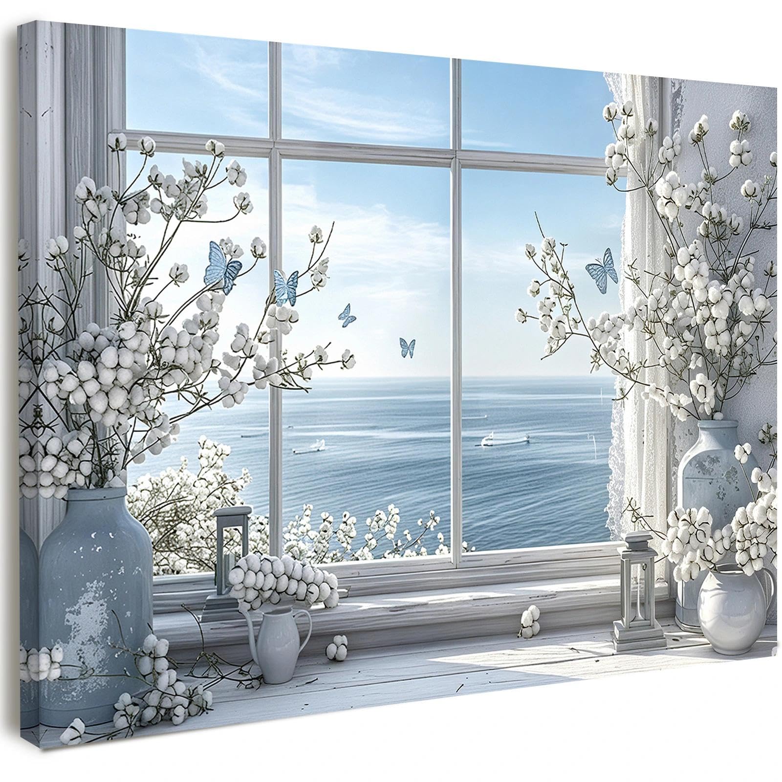 Qiukoo Canvas Wall Art Framed – Serene Blue Ocean Window View Artwork with White Flowers, Calm Coastal Style Wall Decor for Living Room, Bedroom, Hallway or Entryway, with Hooks and Nails, 12x16 Inch — image 1