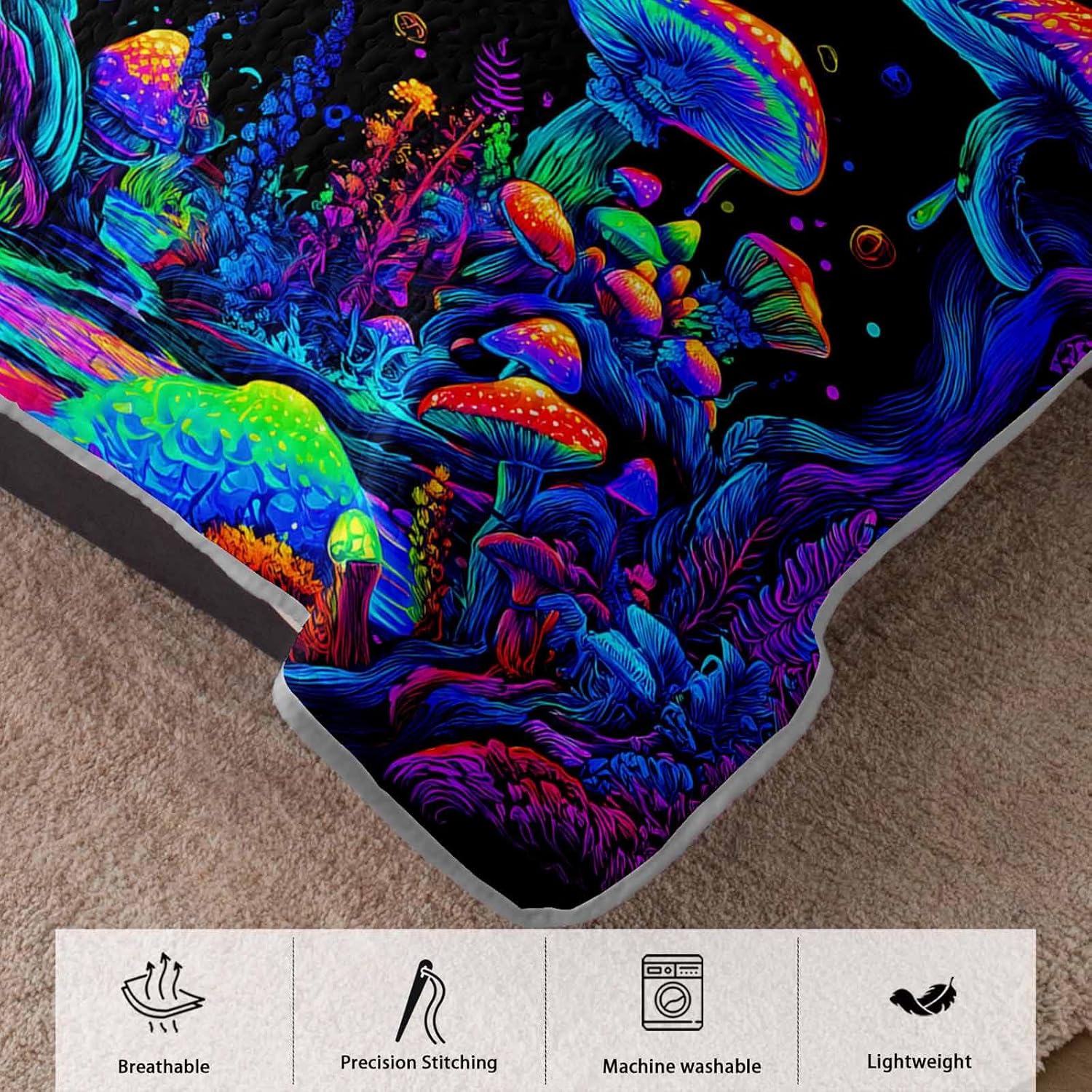 AILONEN Queen Quilted Comforter Set 3 Piece, Colorful Magic Mushroom Bedspread Coverlet Soft Lightweight, Fantasy Glowing Fungus Bedding for Couples Guest