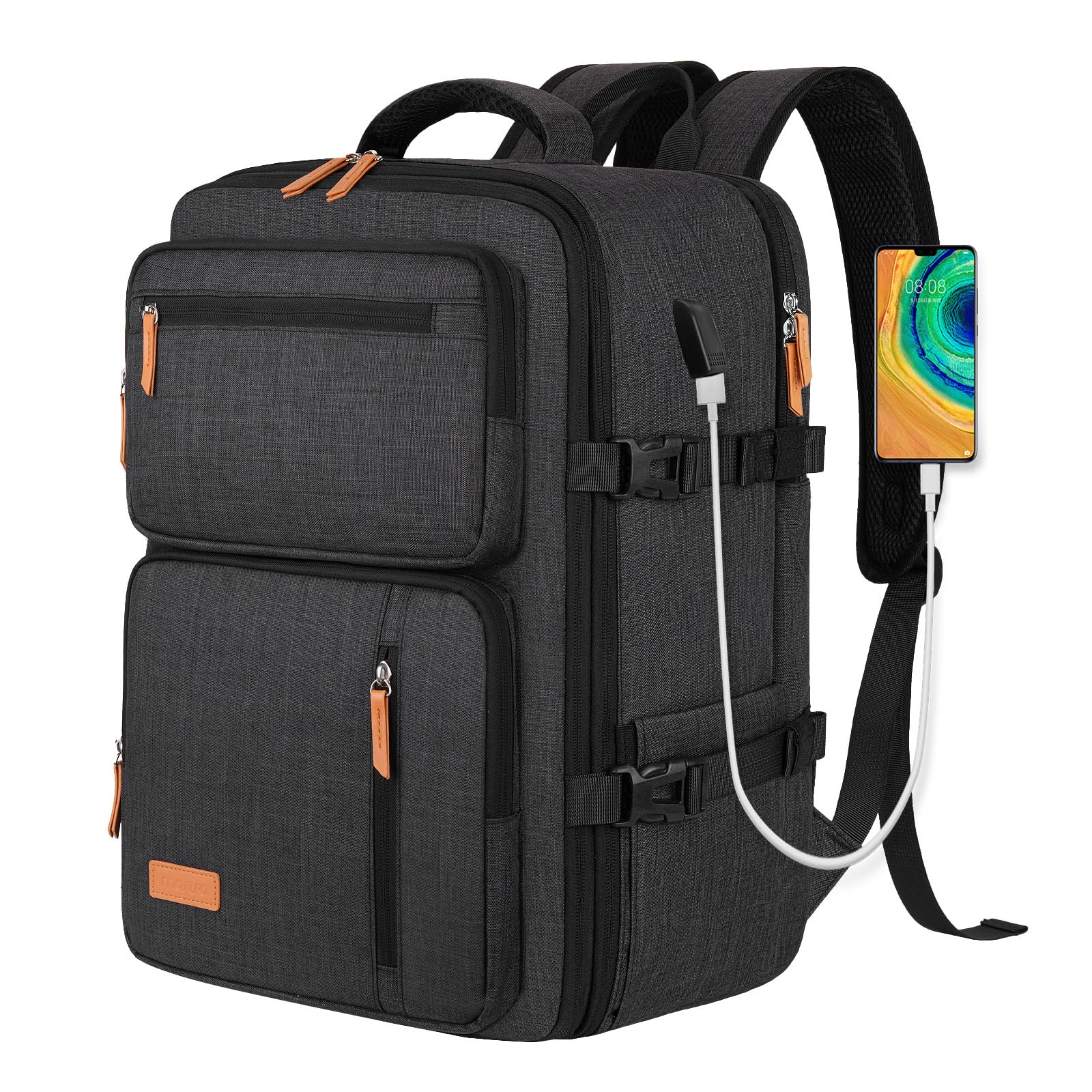 MOSISO Zaino Viaggio 40 Litri Donna e Uomo, Zaino Viaggio Approvato per il | Volo con Porta di Ricarica USB e 3 Scomparti, 17-17,3 pollici Zaini Espandibile per Laptop per Ufficio, Lavoro, Viaggi, Nero
