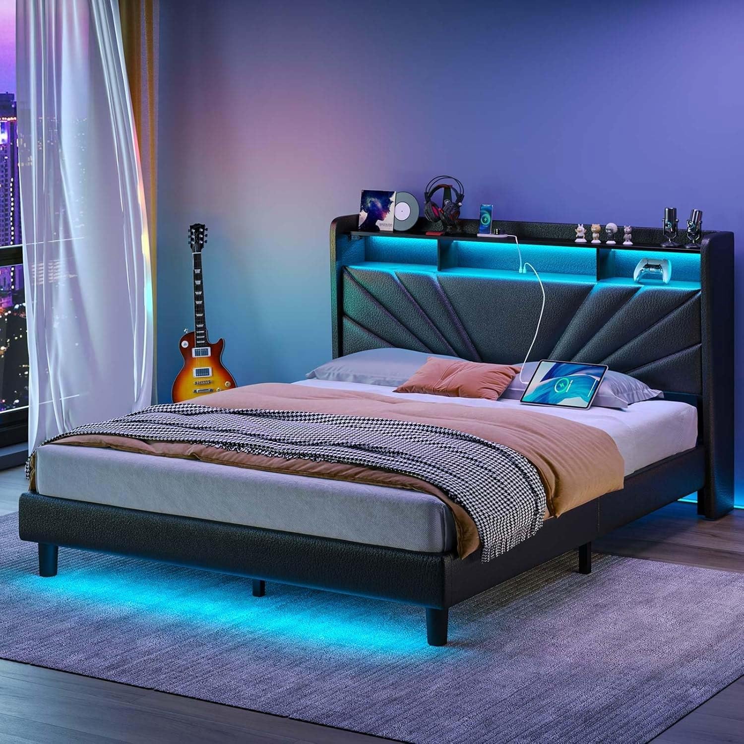 Queen Size Bed Frame, Storage Headboard with Charging Station and LED Lights, Upholstered Bed with Heavy Duty Wood Slats, No Box Spring Needed, Noise Free, Easy Assembly, Black