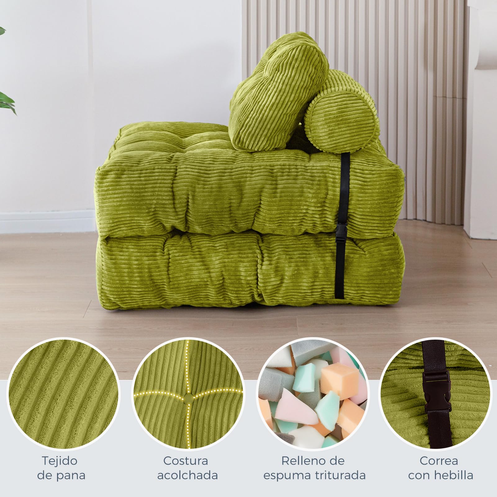 MAXYOYO Sofá cama plegable sofá cama convertible con cojines, colchón con respaldo, silla-cama portátil-Sofá de suelo cómodo para salón dormitorio, Verde