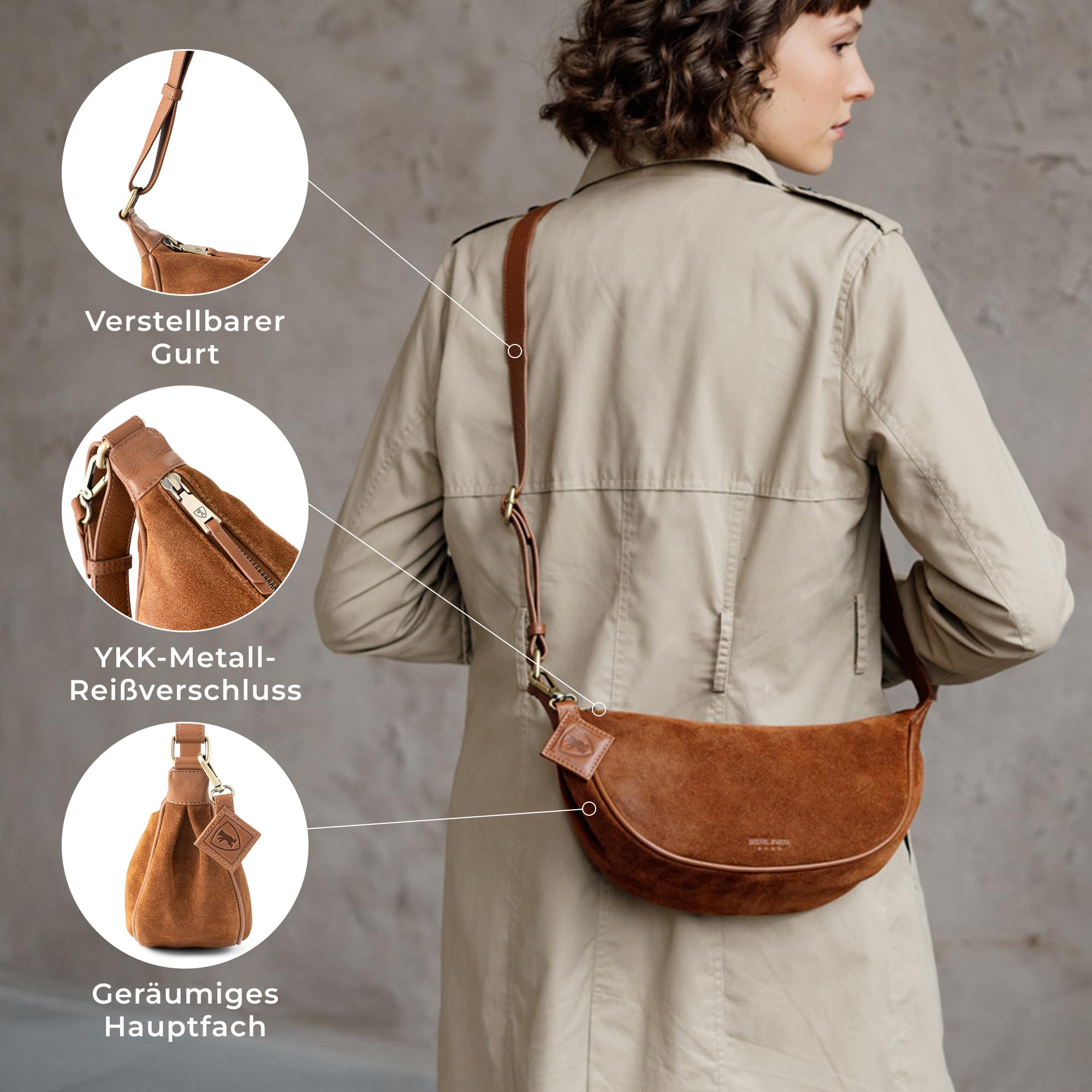Berliner Bags Crossbody Luna, Halbmond Tasche aus Leder, Moon Bag, Umhängetasche, Schultertaschen für Damen