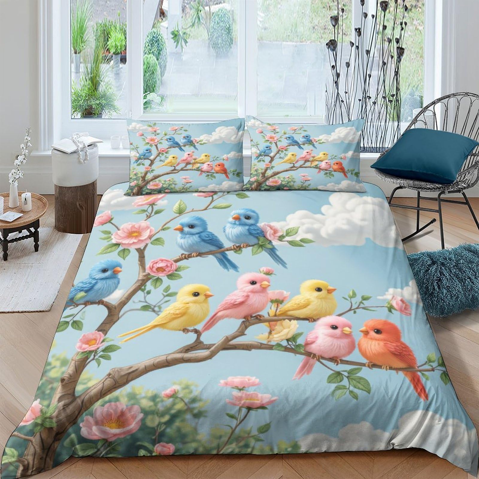 Ctjqhvkz Style-8 3D Printed Colorful Birds Fitted Sheet Microfiber Soft Floral Branch Bed Cover For Bedroom Dorm Room Decor Single（135X200cm）