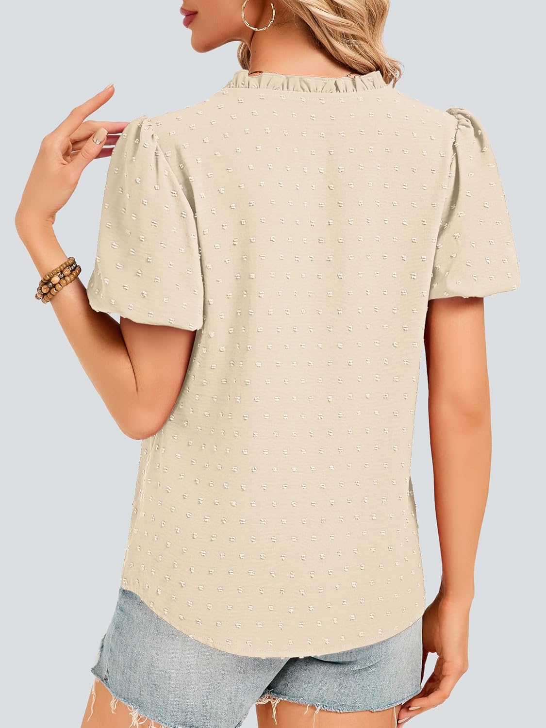 Funlingo Womens Boho Tops Summer Short Puff Sleeve V Neck Blouses Dressy Casual Flowy Swiss Dot Lace Crochet Shirts - Image 3