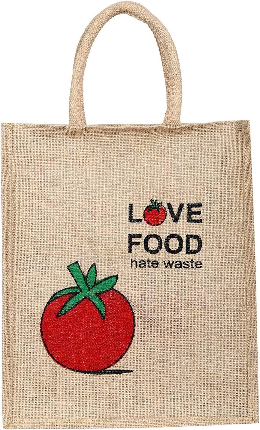 E-STORE,Love Food Hate Waste Jute Bag with Zip Closure | Tote Lunch Bag (Large), Multicolor, 94 Bottles