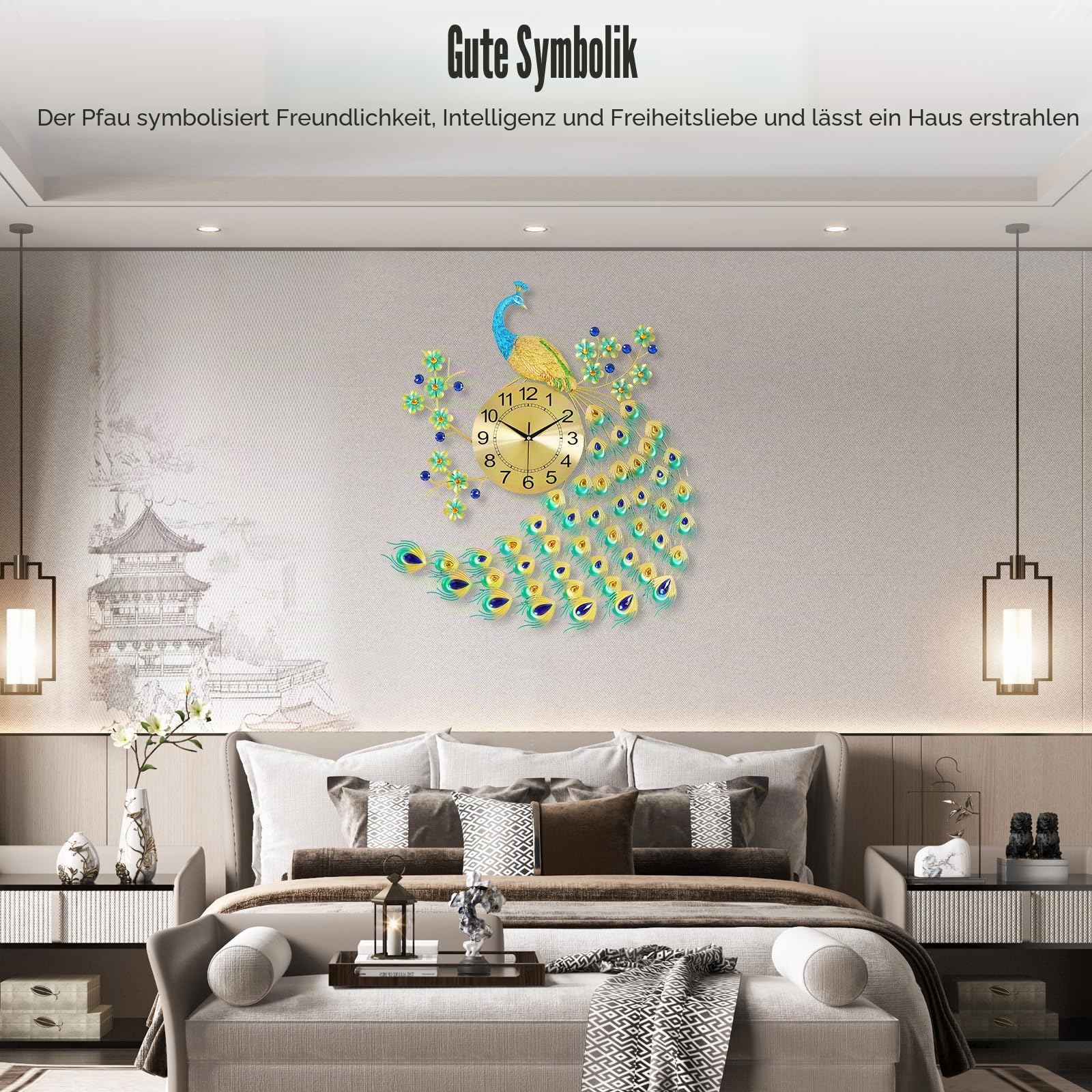 Wanduhr Pfau Groß 70cm, 3D Metall Design mit Funkelnden Kristallen, Geräuschloses Uhrwerk ohne Ticken Digitale Wanduhren Moderne Wandkunst Dekoration für Wohnzimmer & Schlafzimmer