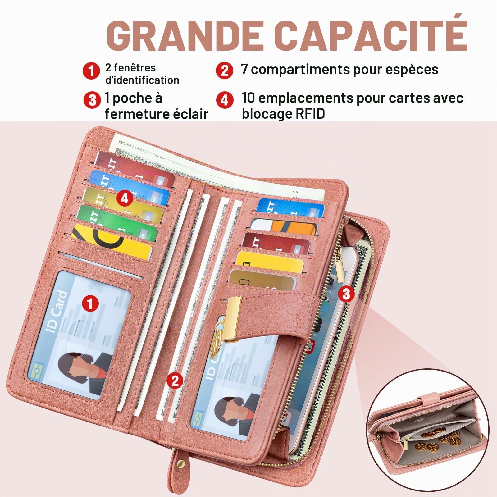 LUROON Portefeuille Femme Longue, Grande Capacite RFID Blocage Cuir Véritable Porte Monnaie Femme, Elégant Portefeuille Parti Femme avec Emplacements pour Cartes