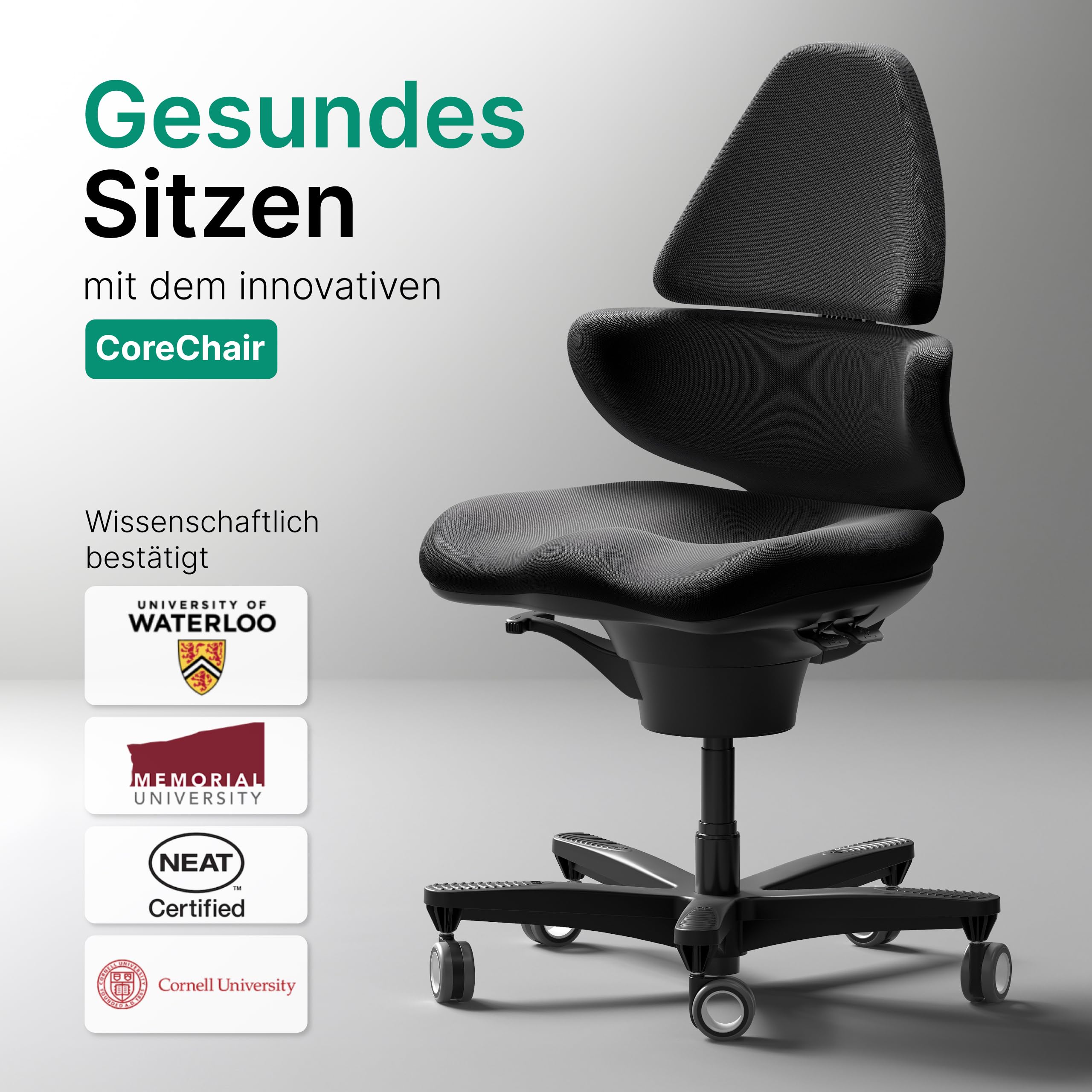 CoreChair Elite (Formstrick) Bürostuhl | Ergonomischer Bürostuhl mit bis zu 150kg Belastbarkeit. Orthopädischer Schreibtischstuhl mit 360° Beweglichkeit, Beckenstütze & Rückenlehne. (schwarz)