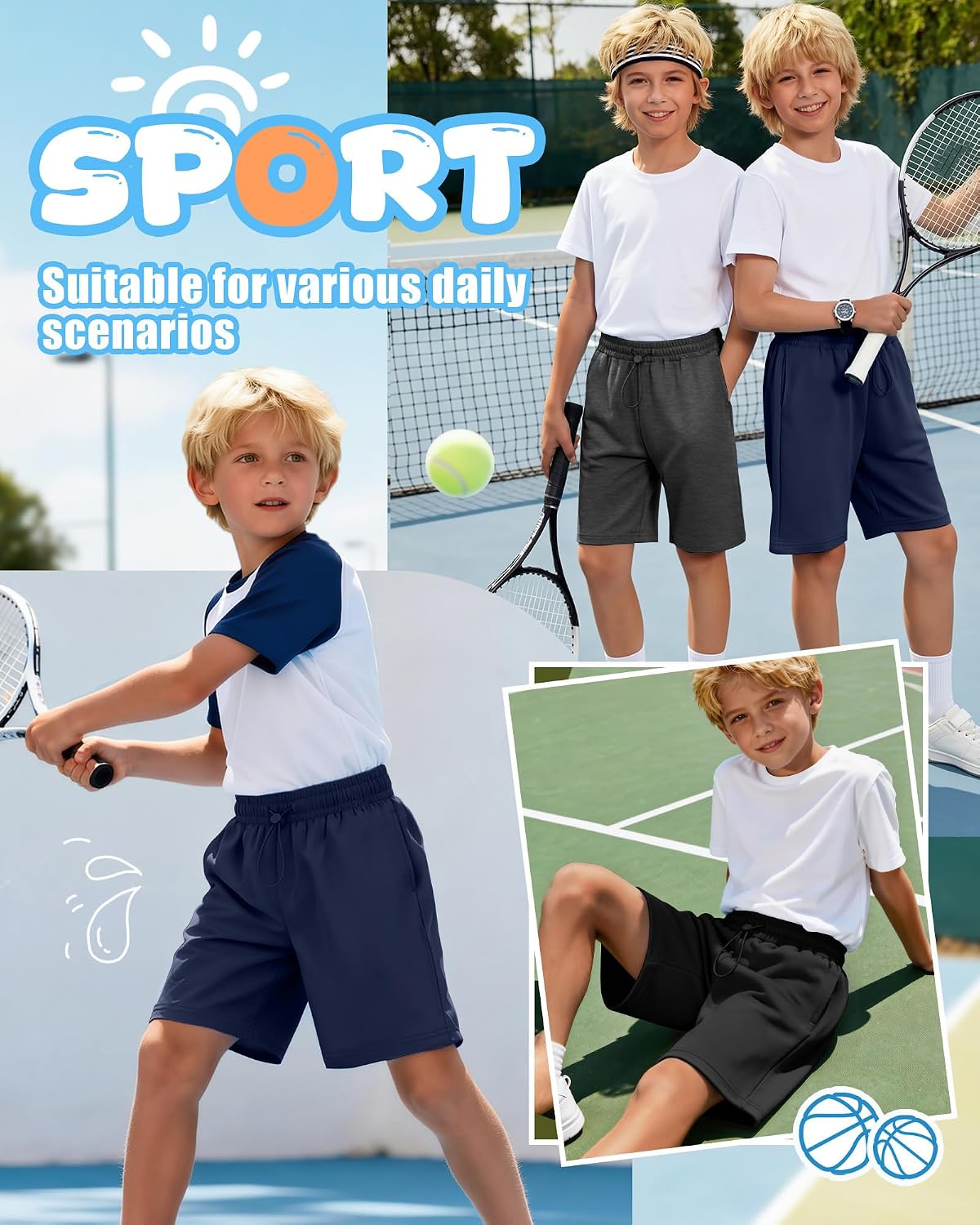 3 Pack Boy's Shorts Kids Athletic Knee Length Short Summer Baggy Sports Loose Casual Pull on SweatShorts 5-14 Years