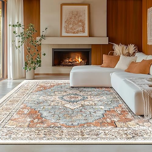 BESTSWEETIE 8x10 Area Rug Washable Rugs for Living Room, No Pile Boho Carpet for Entryway Bedroom Dinning Room, Vintage Carpet Print Distressed Non-Slip, 8 x 10 ft, Green Brick Rust Red
