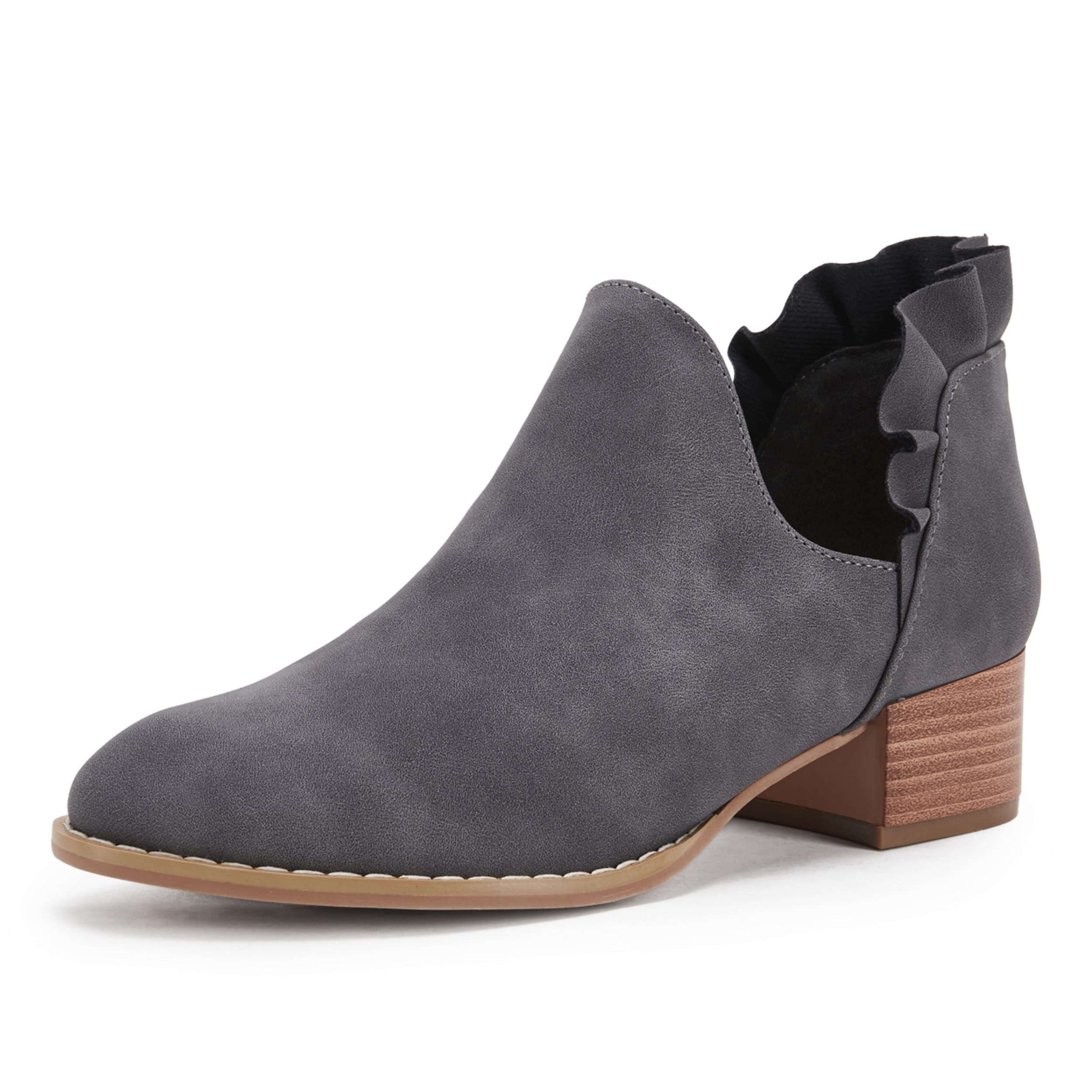 FISACE Womens Ruffled Ankle Boots V Cut Out Pointed Toe Chunky Low Heel Dressy Western Booties