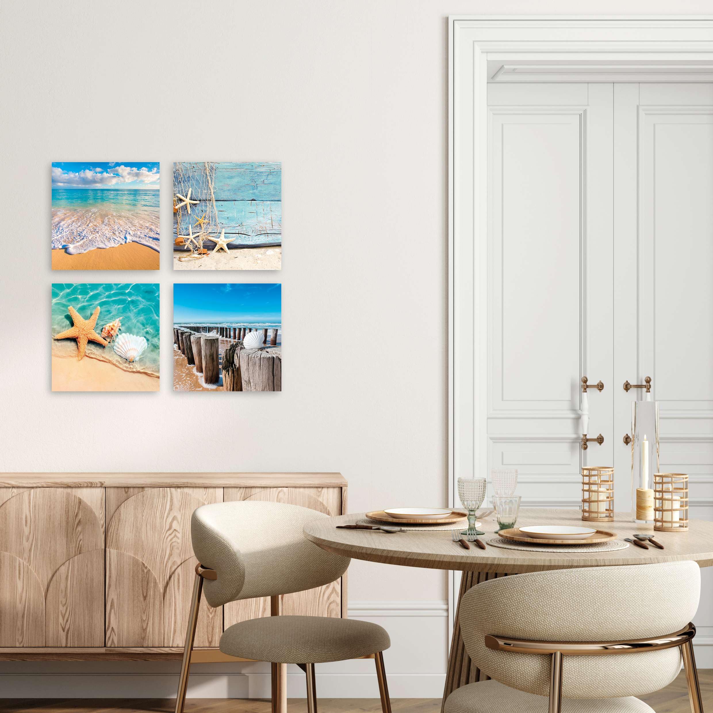 LuxHomeDecor Set di 4 Quadri 30x30 cm - Stampa su Tela con Telaio in Legno - Mare e Spiaggia con Conchiglie, Stelle Marine e Paesaggi Marini Rilassanti