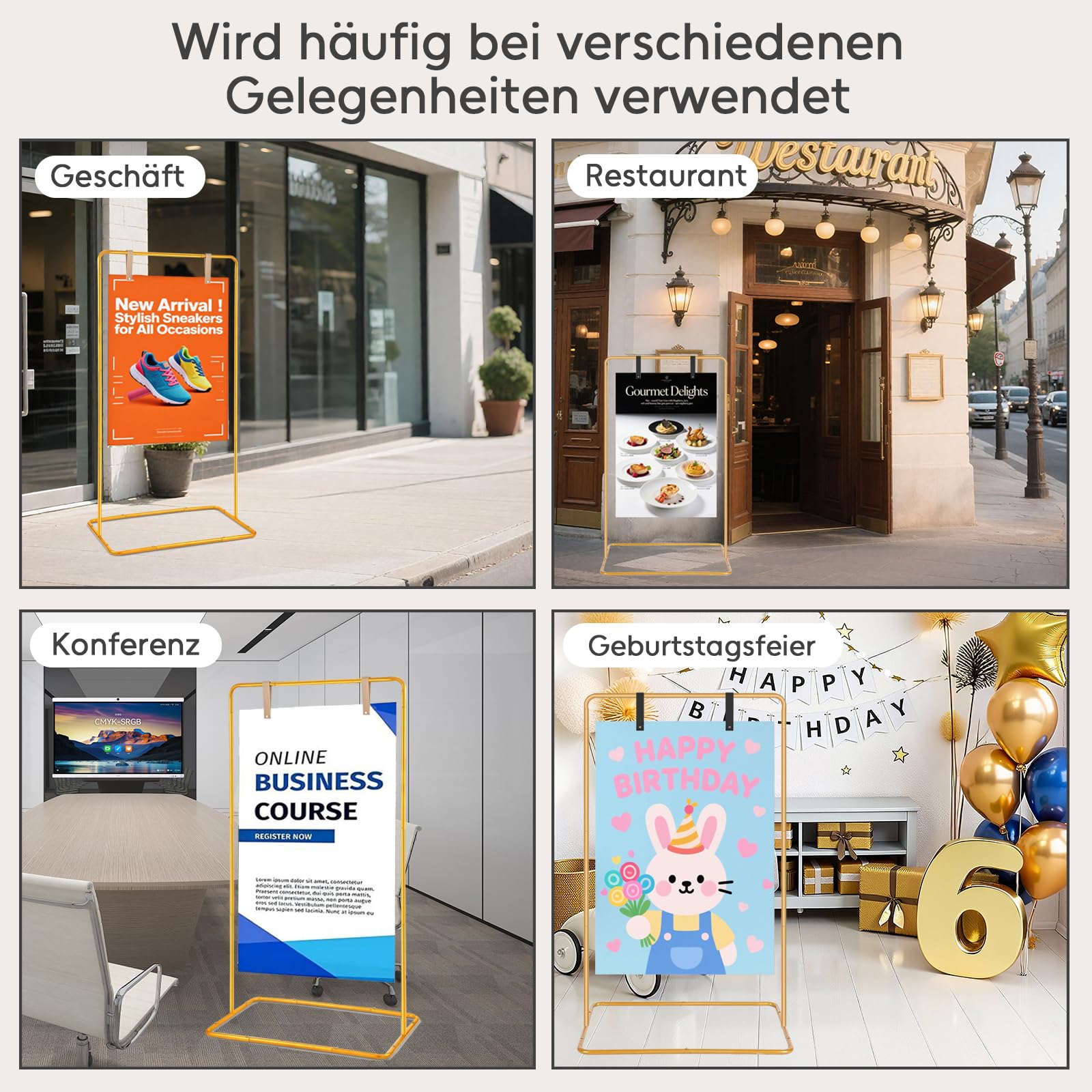Hochzeitsschild-Halter, 173x80x50cm, Hochzeits-Willkommensschild mit 4 Lederriemen, Hochzeitsständer geeignet für Hochzeitsschilder, Posters, Sitzplan, Reception and Decor (Gold)
