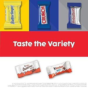 Butterfinger, CRUNCH, Baby Ruth, 100 Grand, Kinder Bueno, Kinder Chocolate, Halloween Candy Fun Size, 130 Minis, 25.9 oz