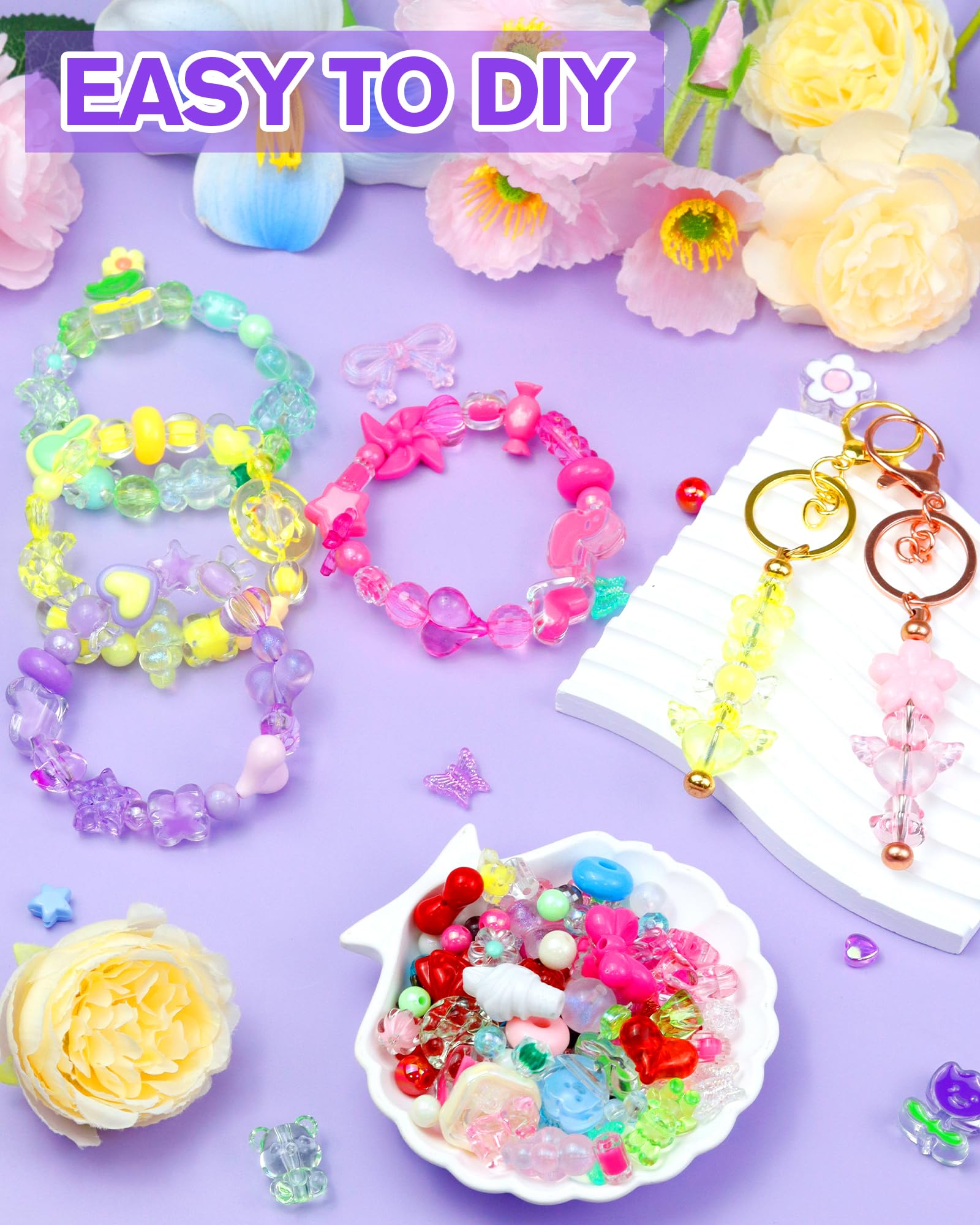 450PCS FIVEIZERO Assorted Acrylic Beads for Bracelet Making, Flower Star Heart Butterfly Candy Gummy Bear Kawaii Aesthetic Cute Beads for Jewelry Making, Keychains, Necklace, Phone Charms, DIY Crafts: 10 Colors Bracelet Making Kit