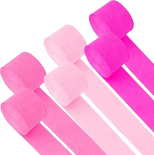 Serpentinas de papel crepé  6 rollos, 492 pies, paquete de 6 serpentinas de fiesta de color rosa claro y rosa intenso para decoraciones de