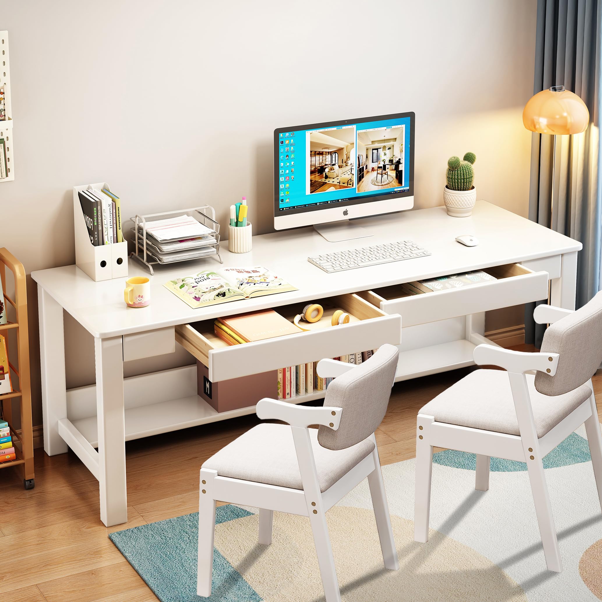 BALANBO Kids Desk and Chair Set 63 inch Rubberwood Computer Desk with Two Drawers and Two Chairs for Office, Home, Study, Writing（White）