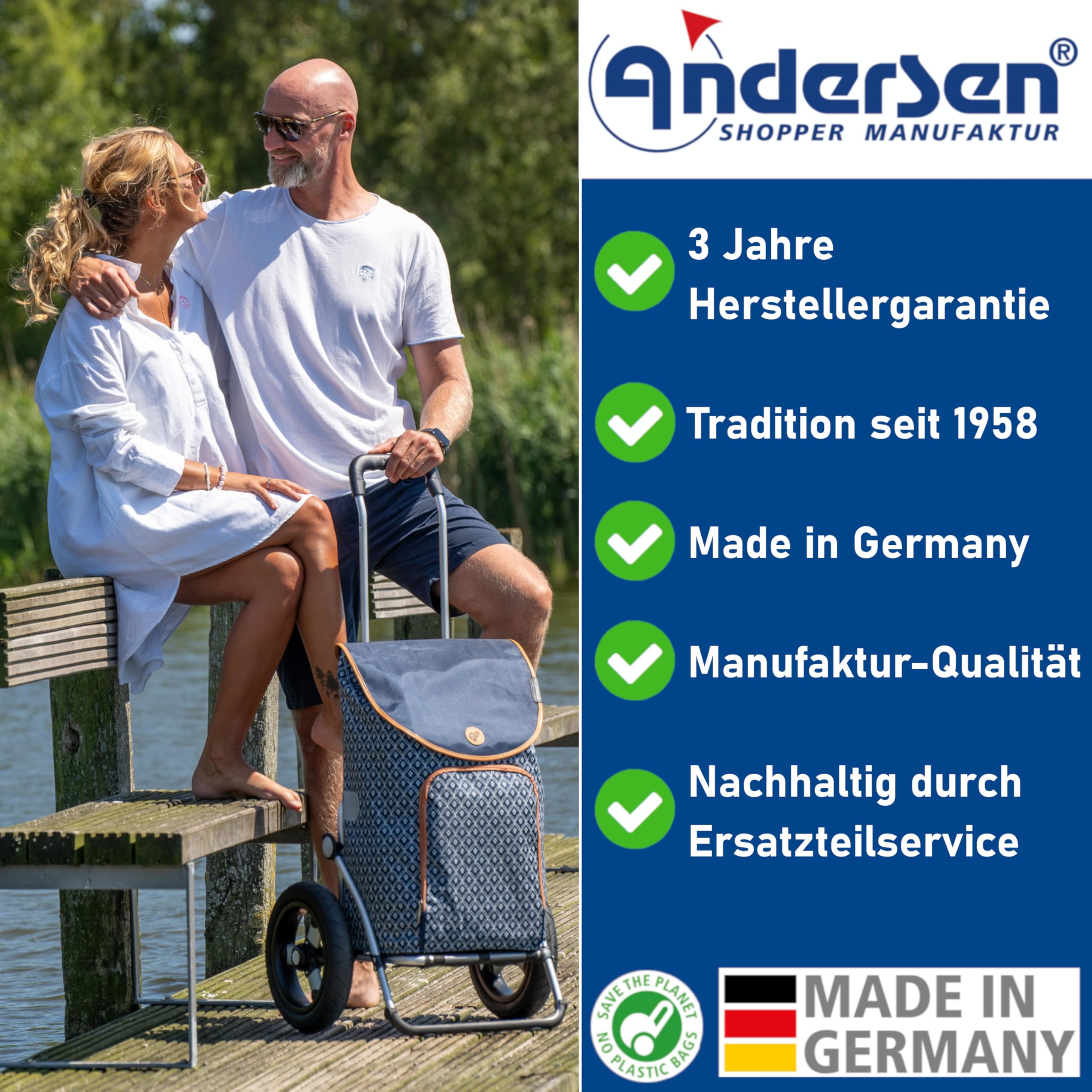 Andersen Einkaufstrolley - klappbar - 61 Liter - mit Kühlfach - belastbar 60 kg - Stahlgestell - Trolley - Metallspeichen-Rad Ø 25 cm - Royal Shopper Folke blau