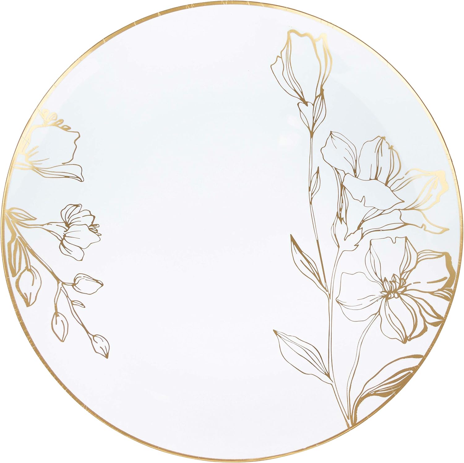 [10'' Plates 10 Count] White Plastic Floral Design Party Dinner Plates With Gold Rim Premium heavyweight Elegant Disposable Tableware Dishes