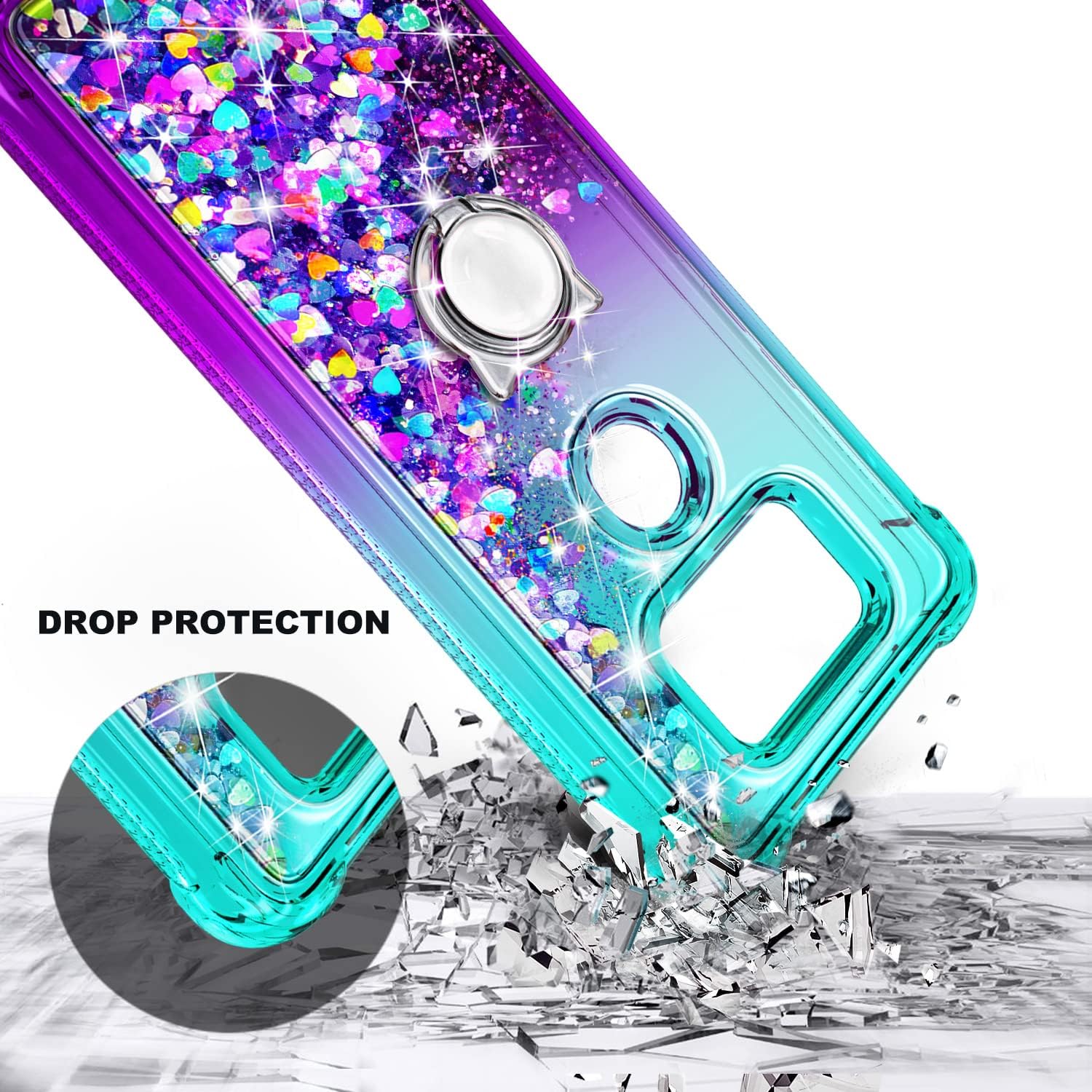 NZND Case for AT&T Maestro Max (2021) / Cricket Ovation 2 with Tempered Glass Screen Protector (Maximum Coverage), Ring Holder/Wrist Strap, Glitter Liquid Cute Case (Aqua/Purple)