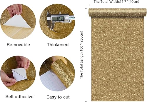 Miniatura 2 de CHIHUT Papel tapiz de contacto con purpurina dorada champán, papel tapiz autoadhesivo extraíble con purpurina brillante, papel tapiz de tela
