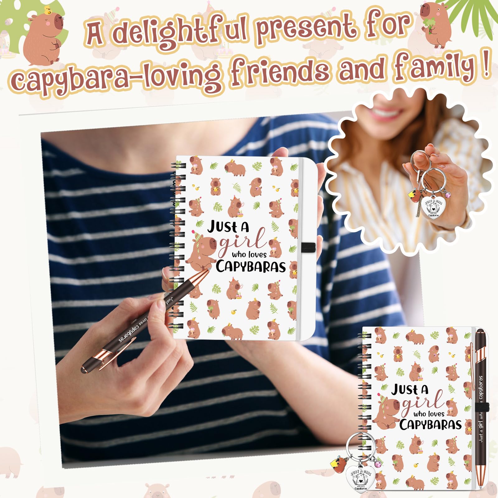 BBTO 3 Pièces Set Cadeau Capybara Bloc Notes Porte Clés Stylo à Bille