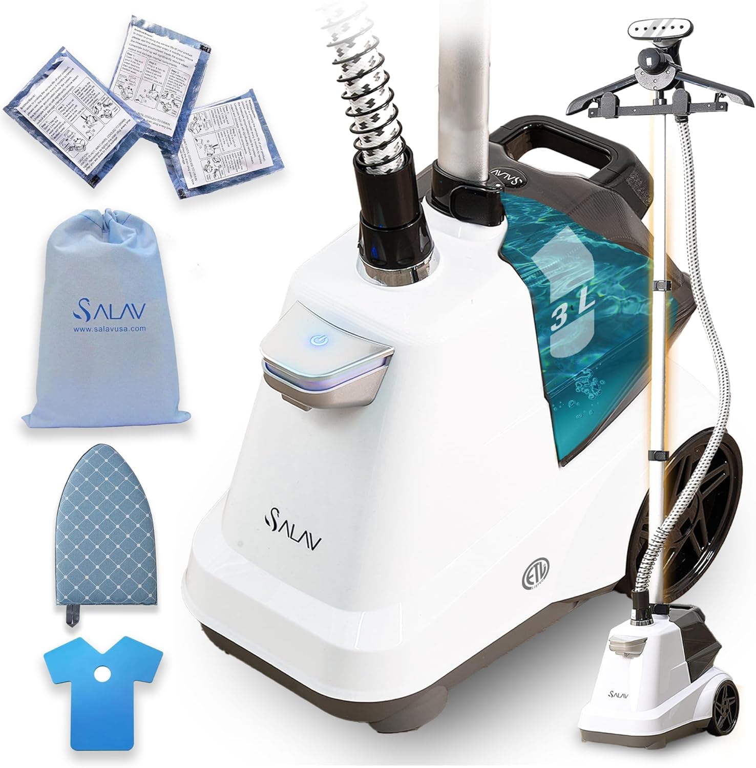 SALAV X3A Heavy Duty Commercial Full-Size Garment Steamer with Foot Pedals and Extra Large 3L (101.5 oz) Water Tank (White) and Accessories Pack